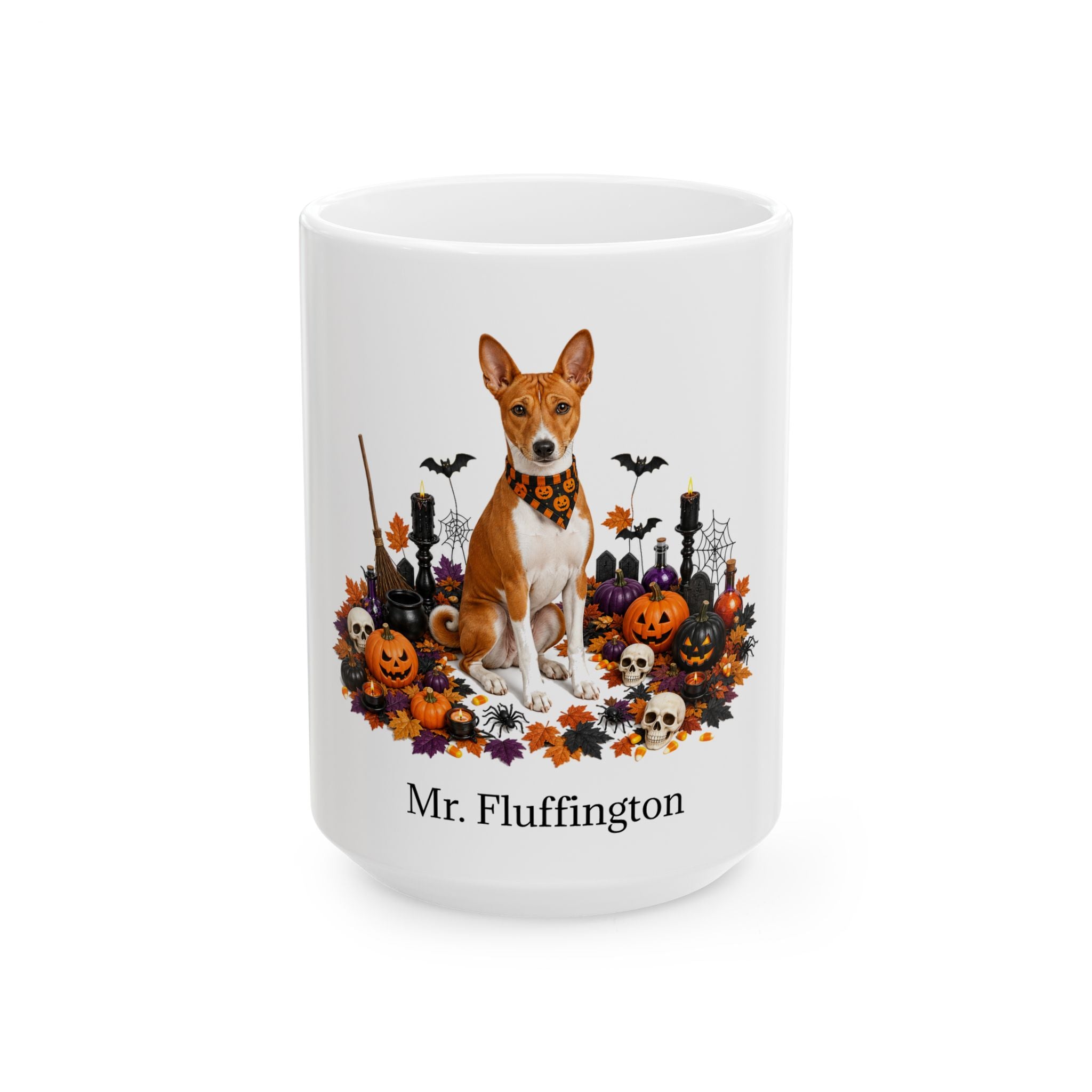 Angled Basenji dog Halloween mug with personalized pet name and fall design — image 3