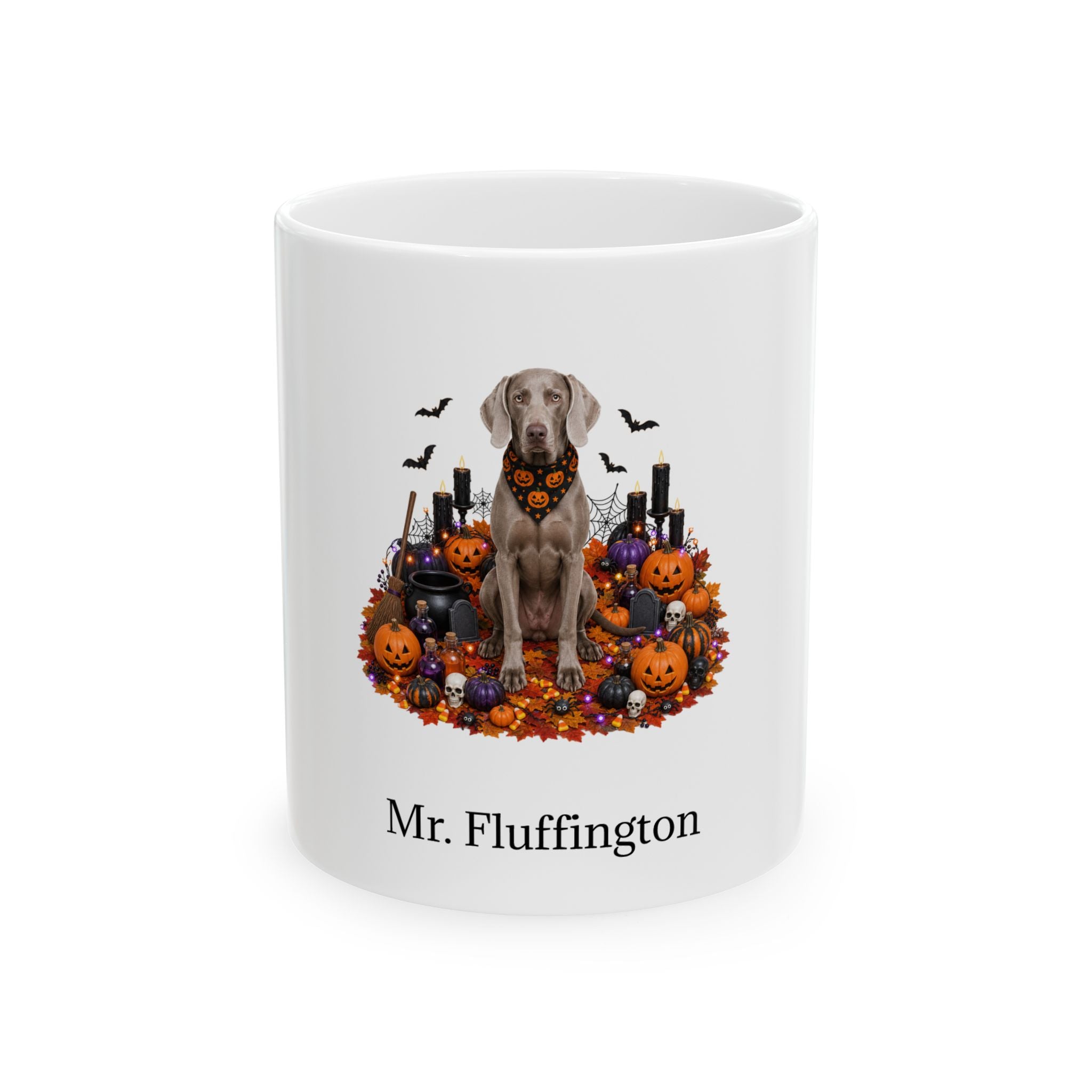 Personalized Weimaraner dog Halloween mug, 11oz white ceramic, with custom pet name on front
