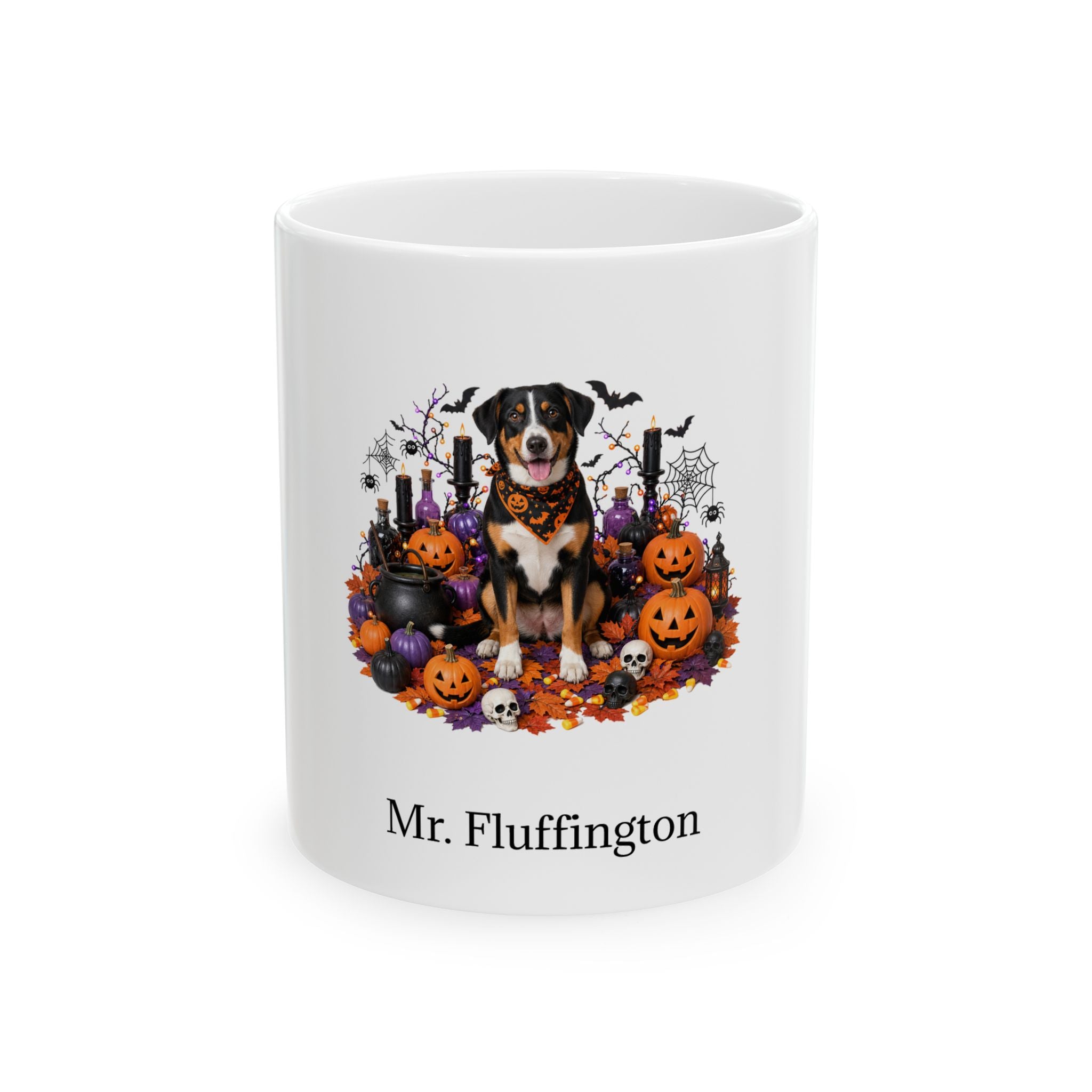Personalized Entlebucher Mountain dog Halloween mug, 15oz white ceramic, with custom pet name on front