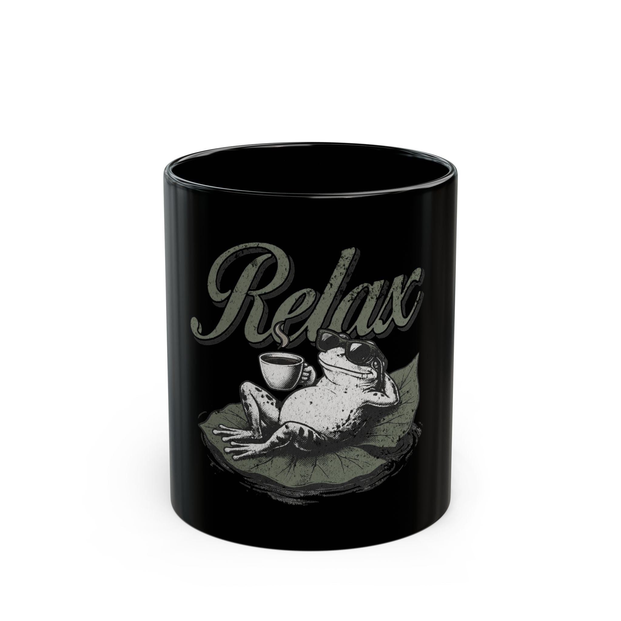 Black ceramic coffee mug featuring a graphic of a frog wearing sunglasses and holding a cup.