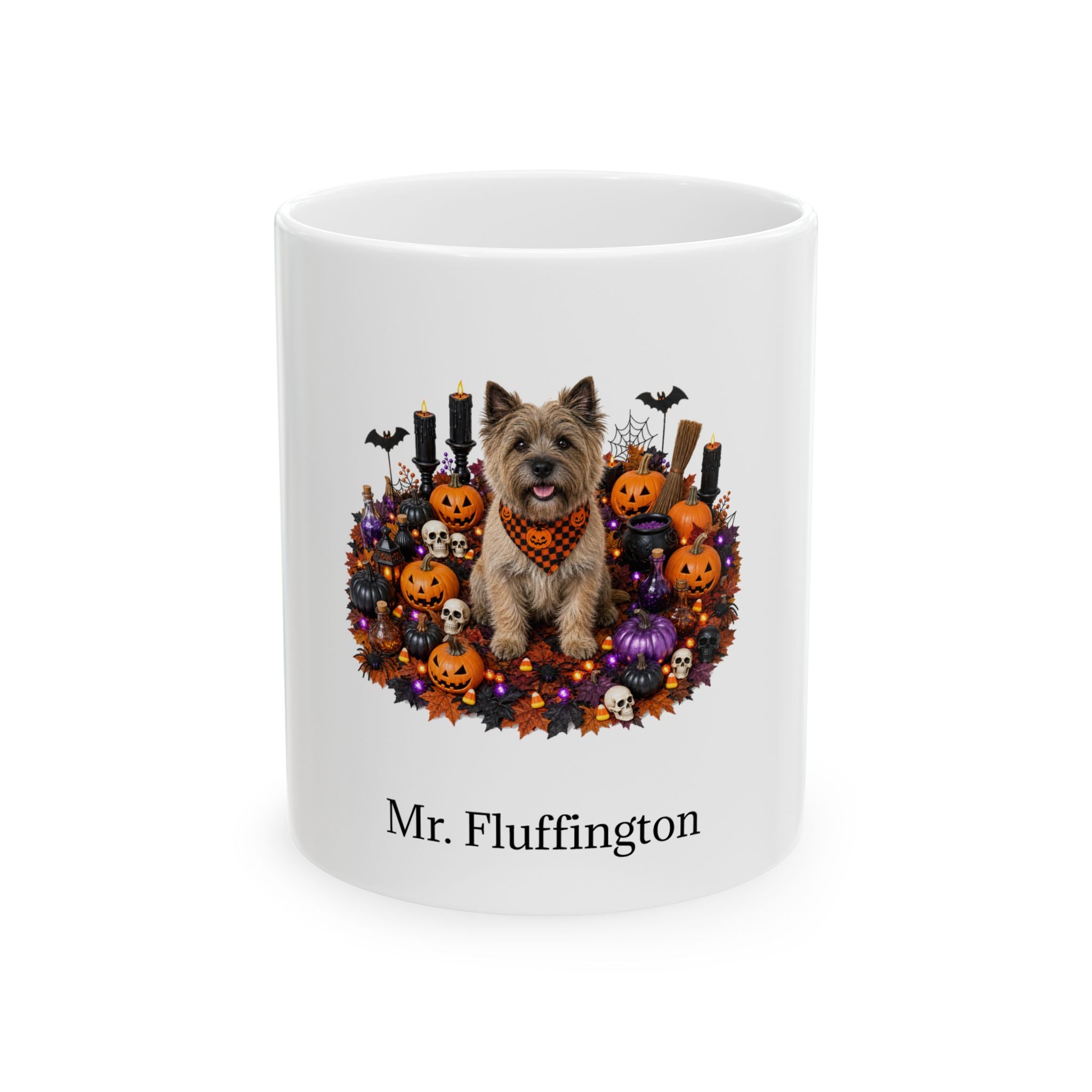 Personalized Cairn Terrier dog Halloween mug, 15oz white ceramic, with custom pet name on front
