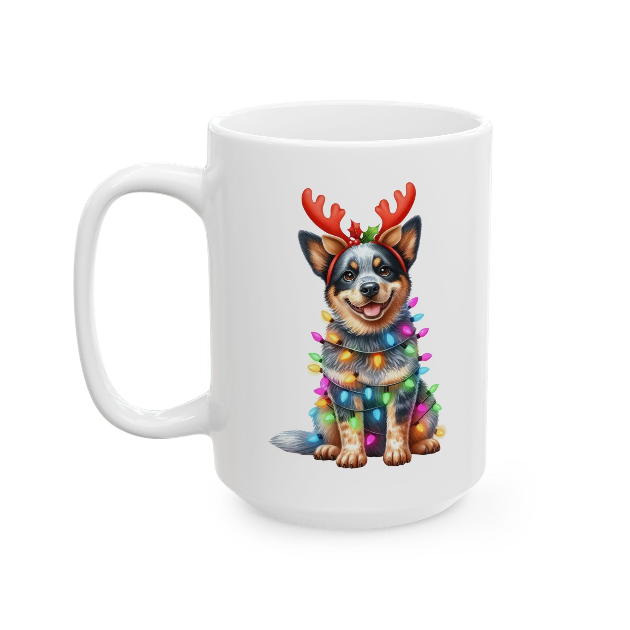White ceramic mug with an Australian Cattle Dog wearing reindeer antlers and Christmas lights.
