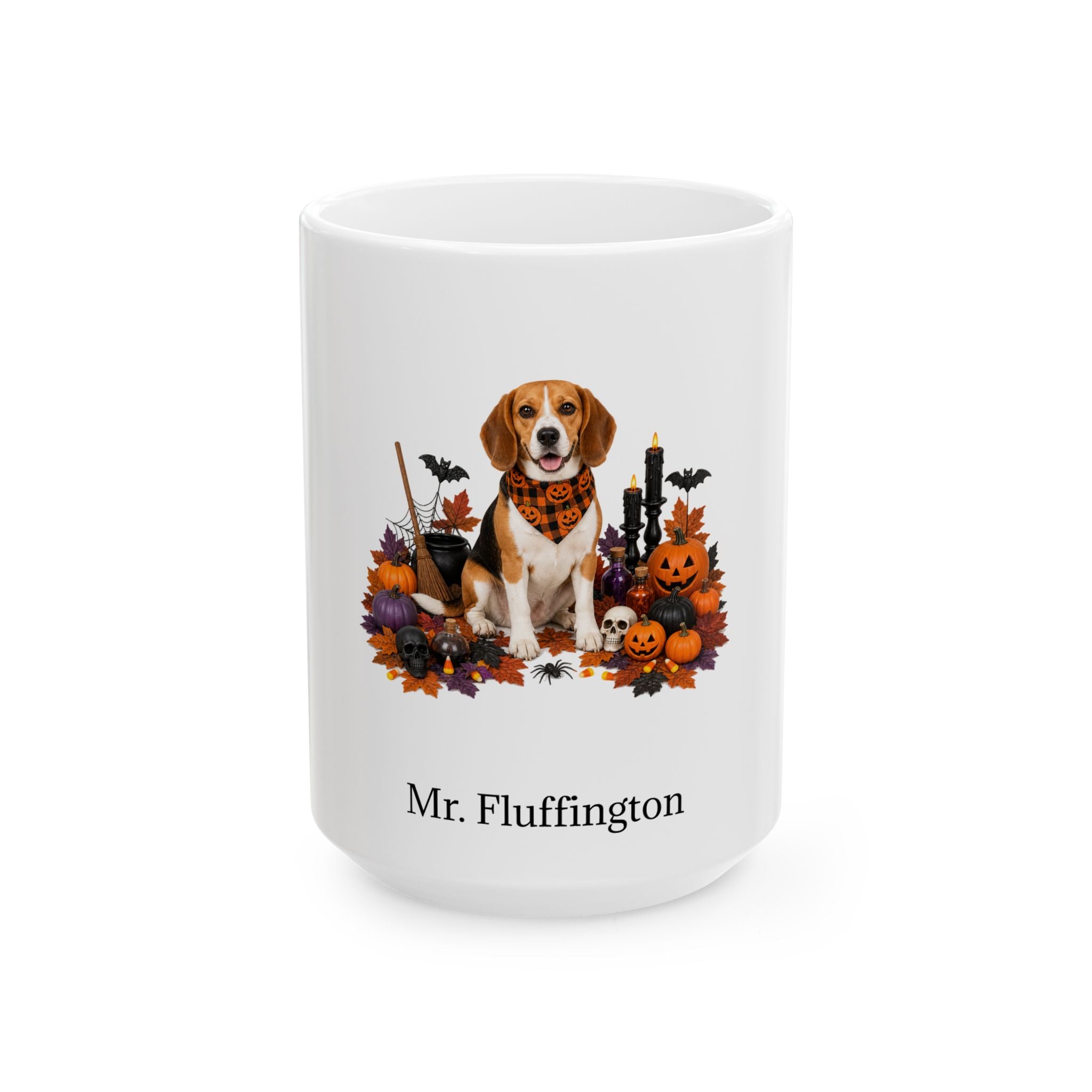 Personalized Beagle dog Halloween mug, 15oz white ceramic, with custom pet name on front