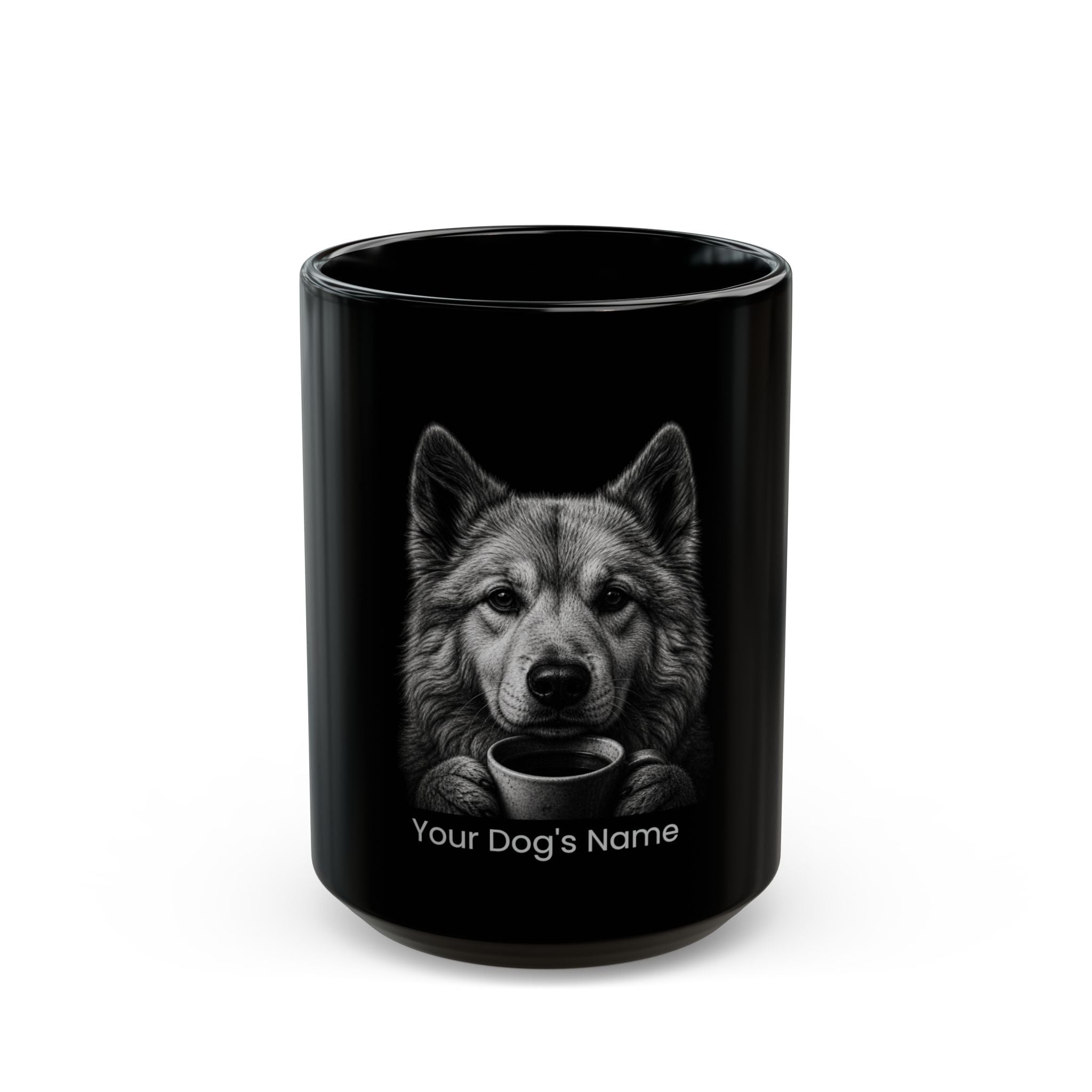 Personalized Greenland Dog black ceramic coffee mug with custom dog name