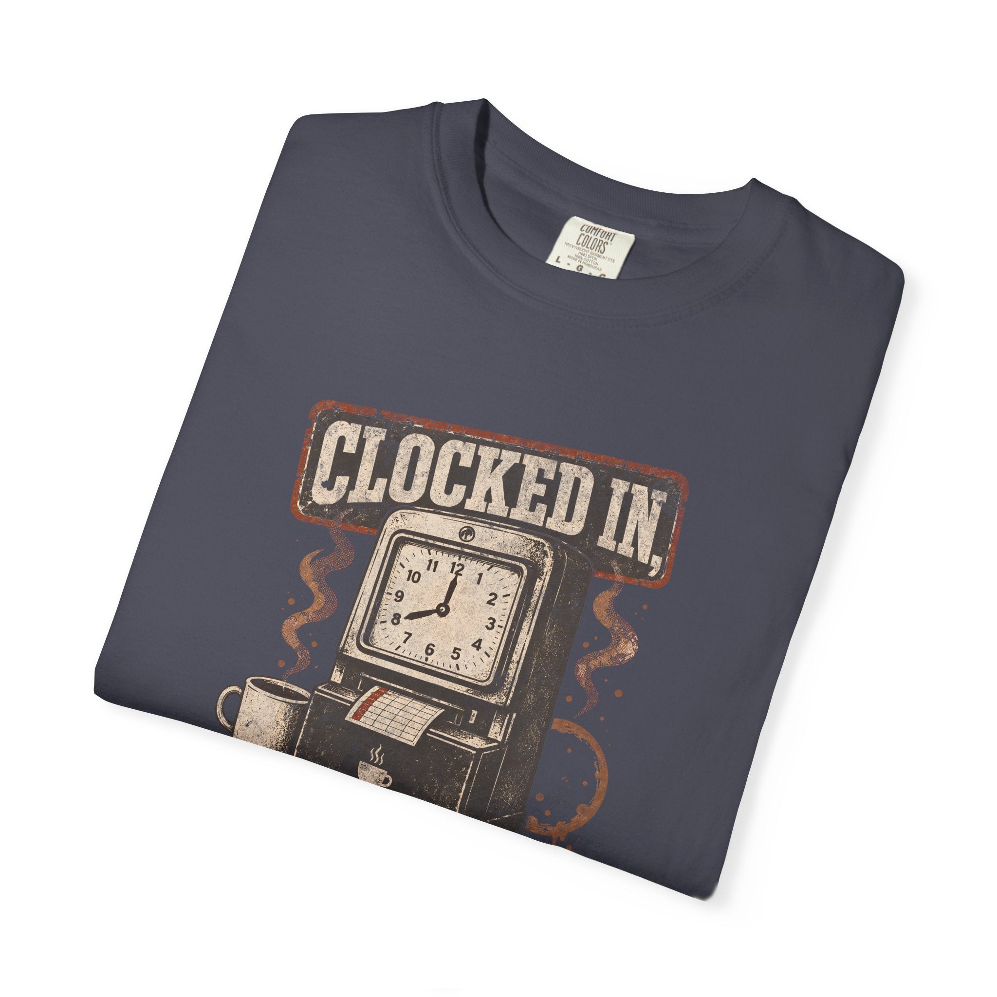 Dark grey Comfort Colors 1717 t-shirt with a vintage-style graphic of a time clock and coffee cup.