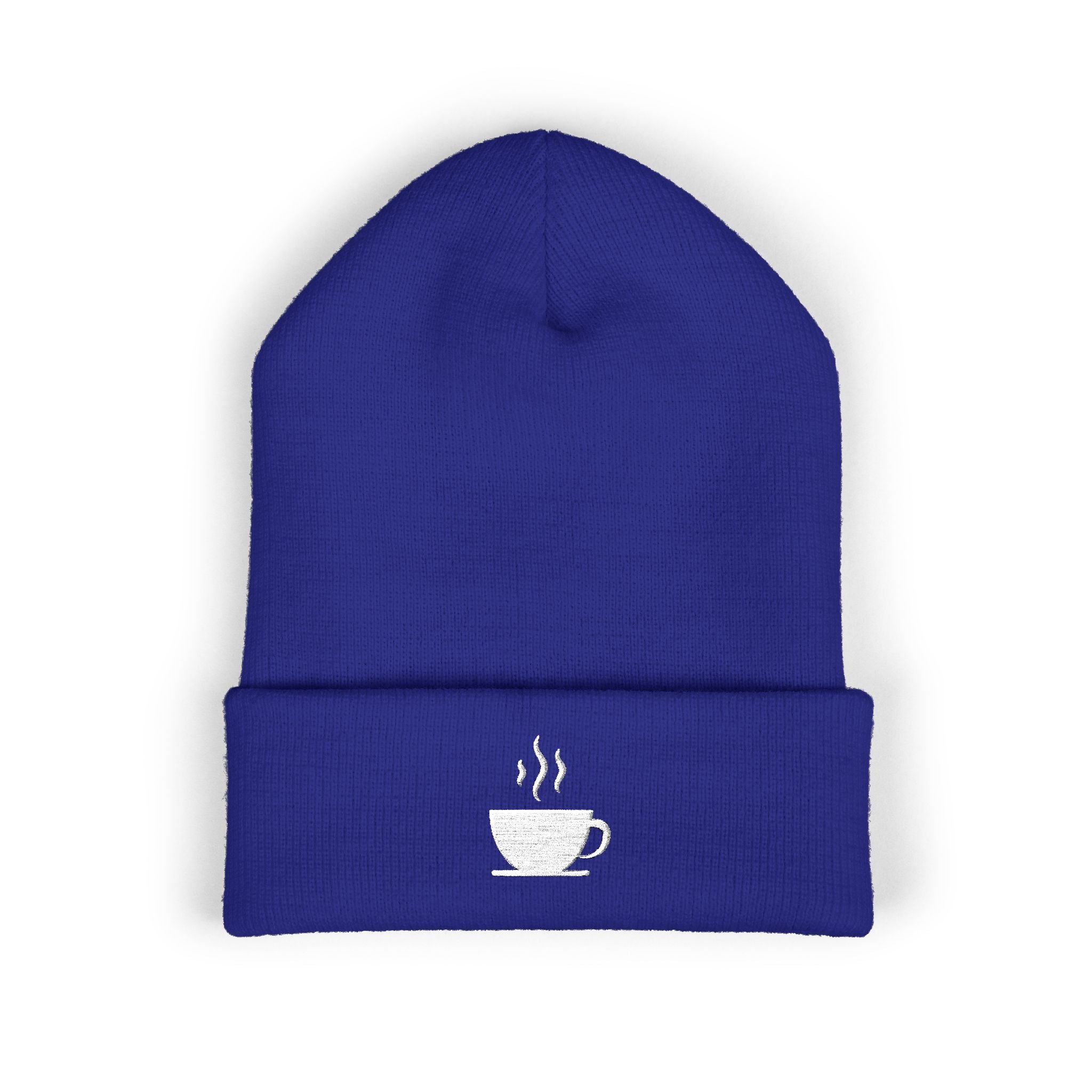 Embroidered coffee cup cuffed beanie in royal blue.
