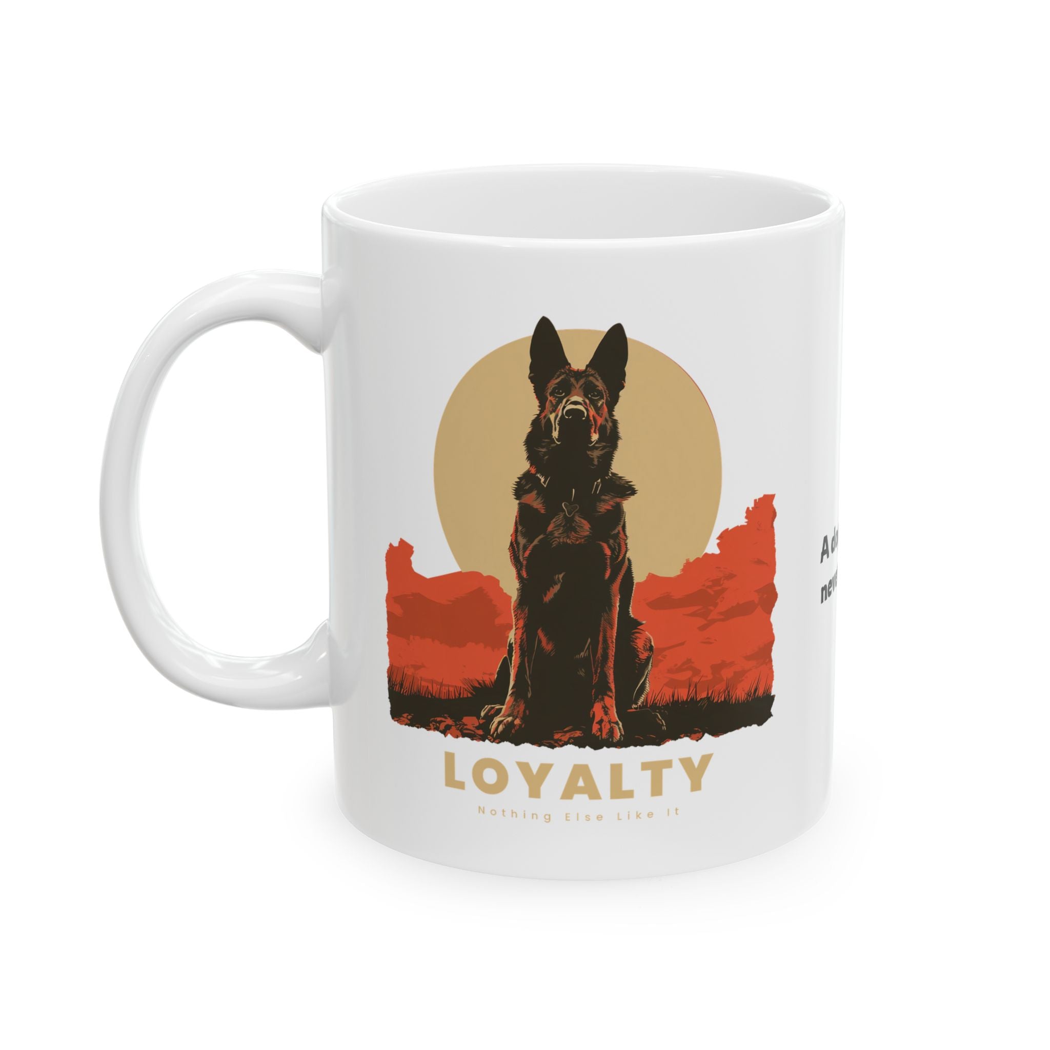 White ceramic mug featuring a German Shepherd illustration and the word LOYALTY in a desert setting.