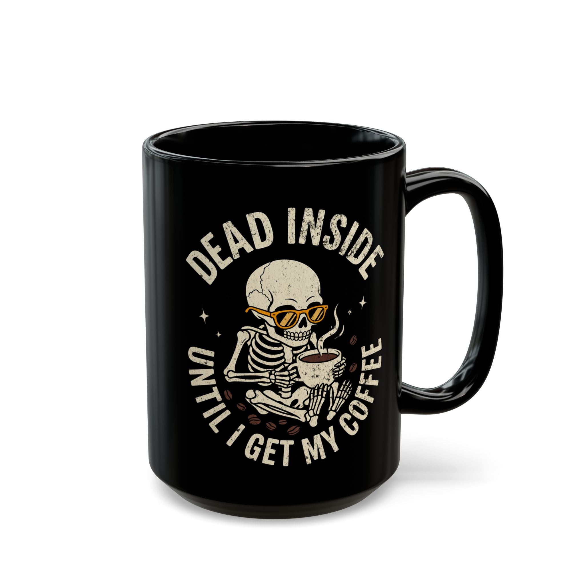 Black ceramic mug featuring a skeleton wearing sunglasses and holding a steaming cup of coffee.