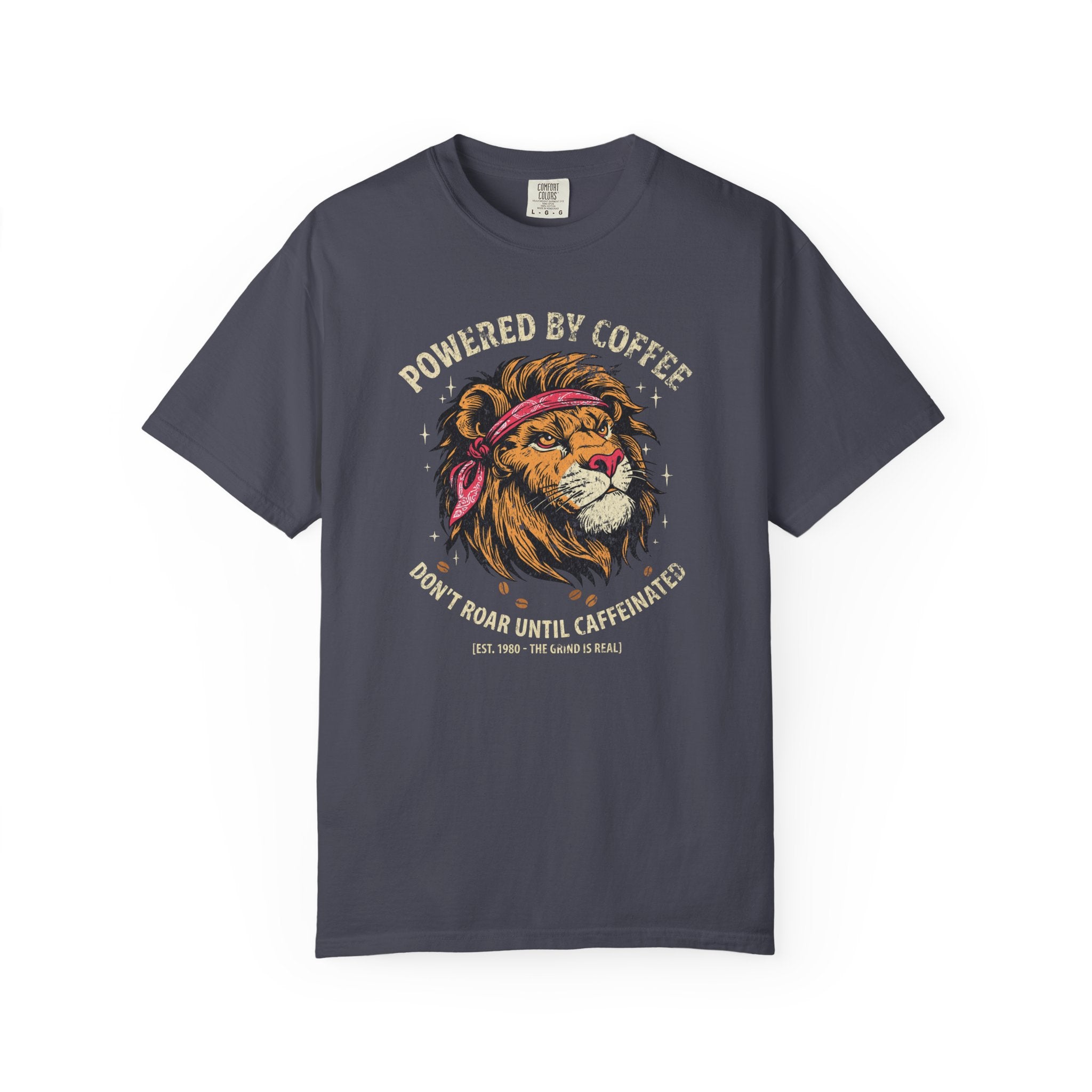 Dark grey t-shirt featuring a lion wearing a bandana with the text Powered by Coffee.