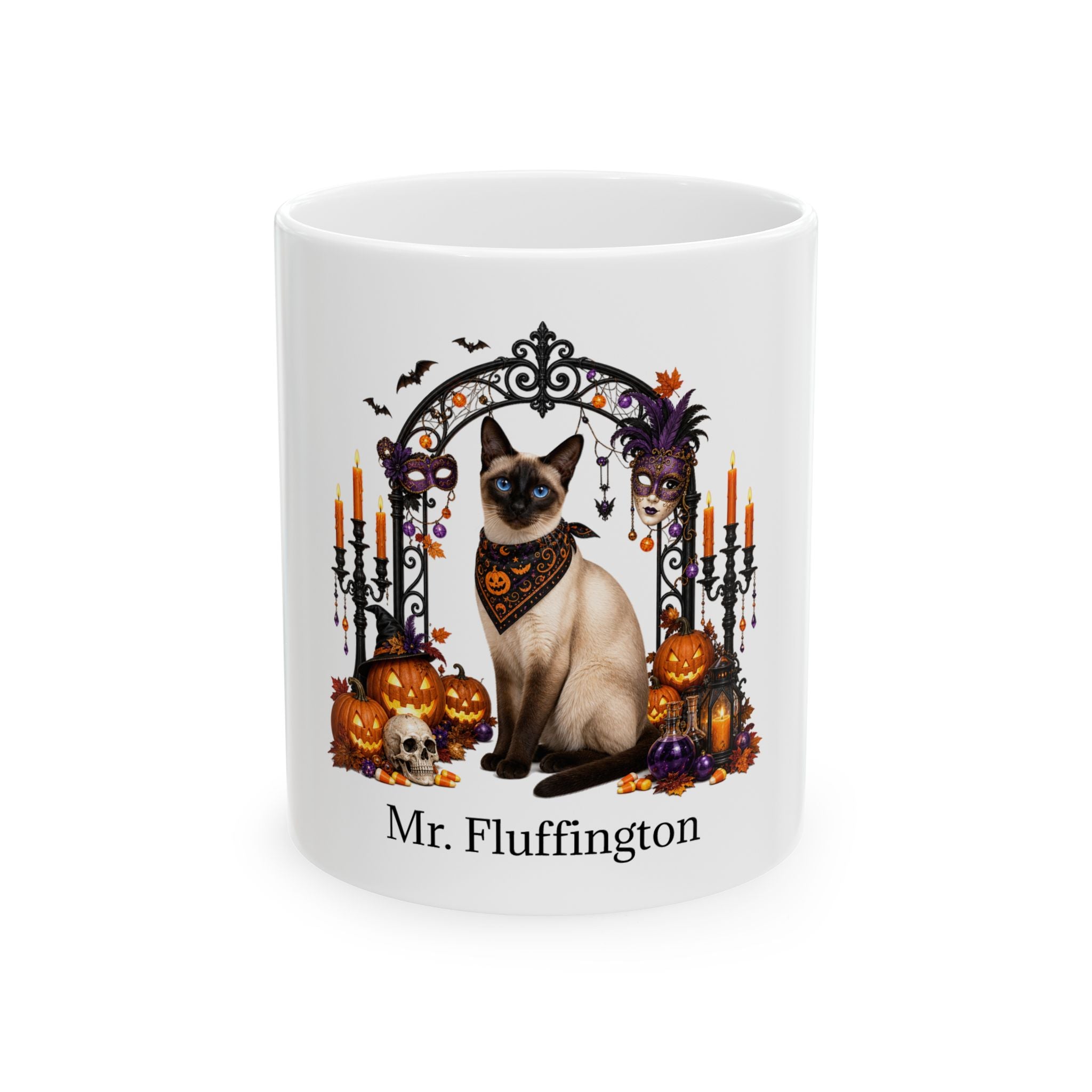Personalized Siamese cat ceramic coffee mug with Halloween artwork and custom name — image 2