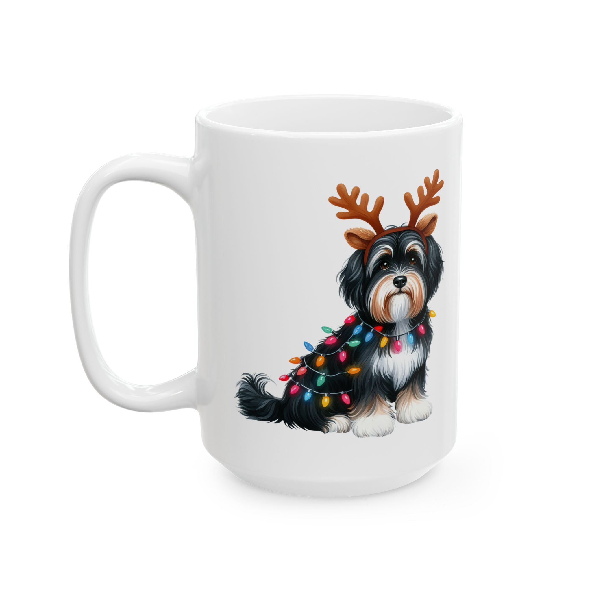 White ceramic mug featuring a Havanese dog wearing reindeer antlers and Christmas lights.