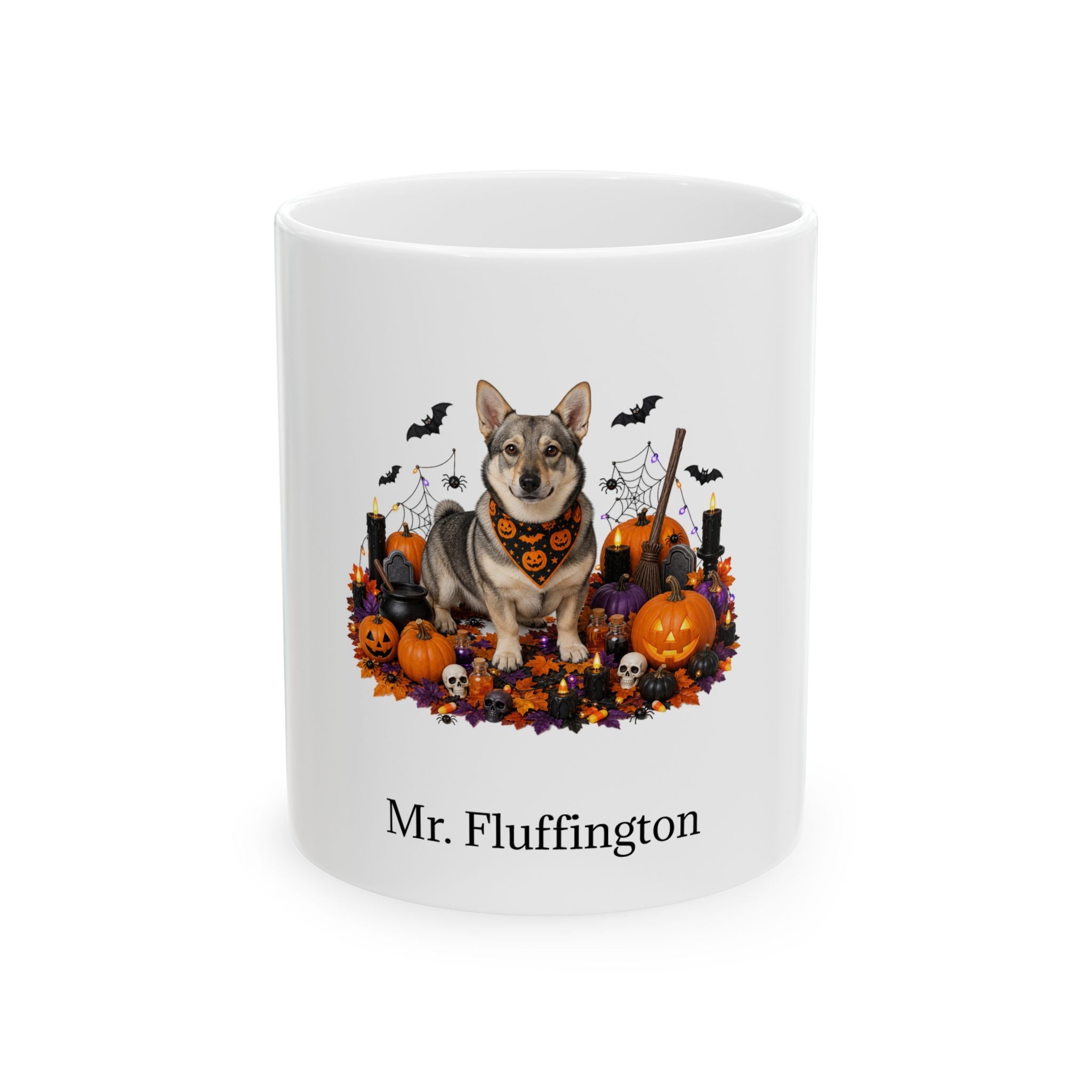 Personalized Swedish Vallhund dog Halloween mug, 11oz white ceramic, with custom pet name on front