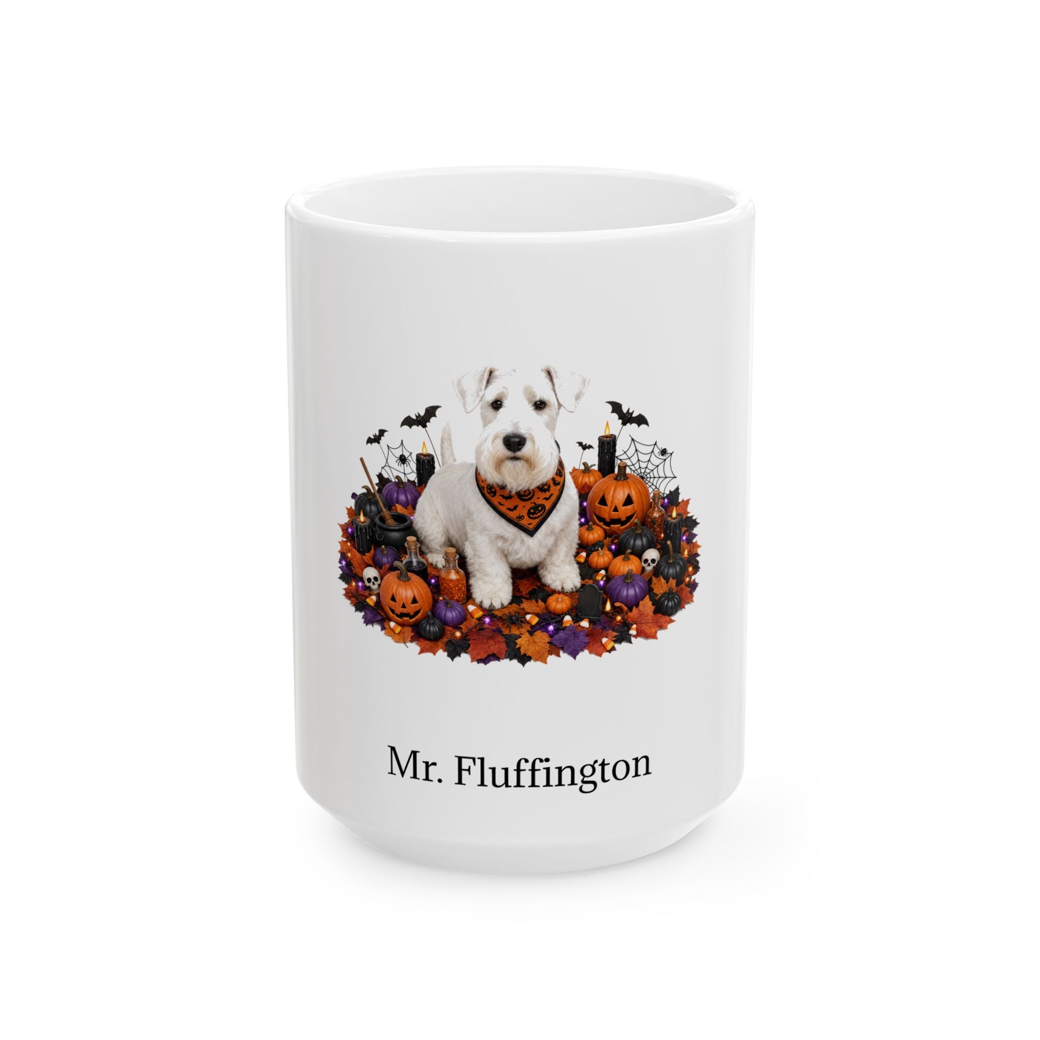 Personalized Sealyham Terrier dog Halloween mug, 15oz white ceramic, with custom pet name on front