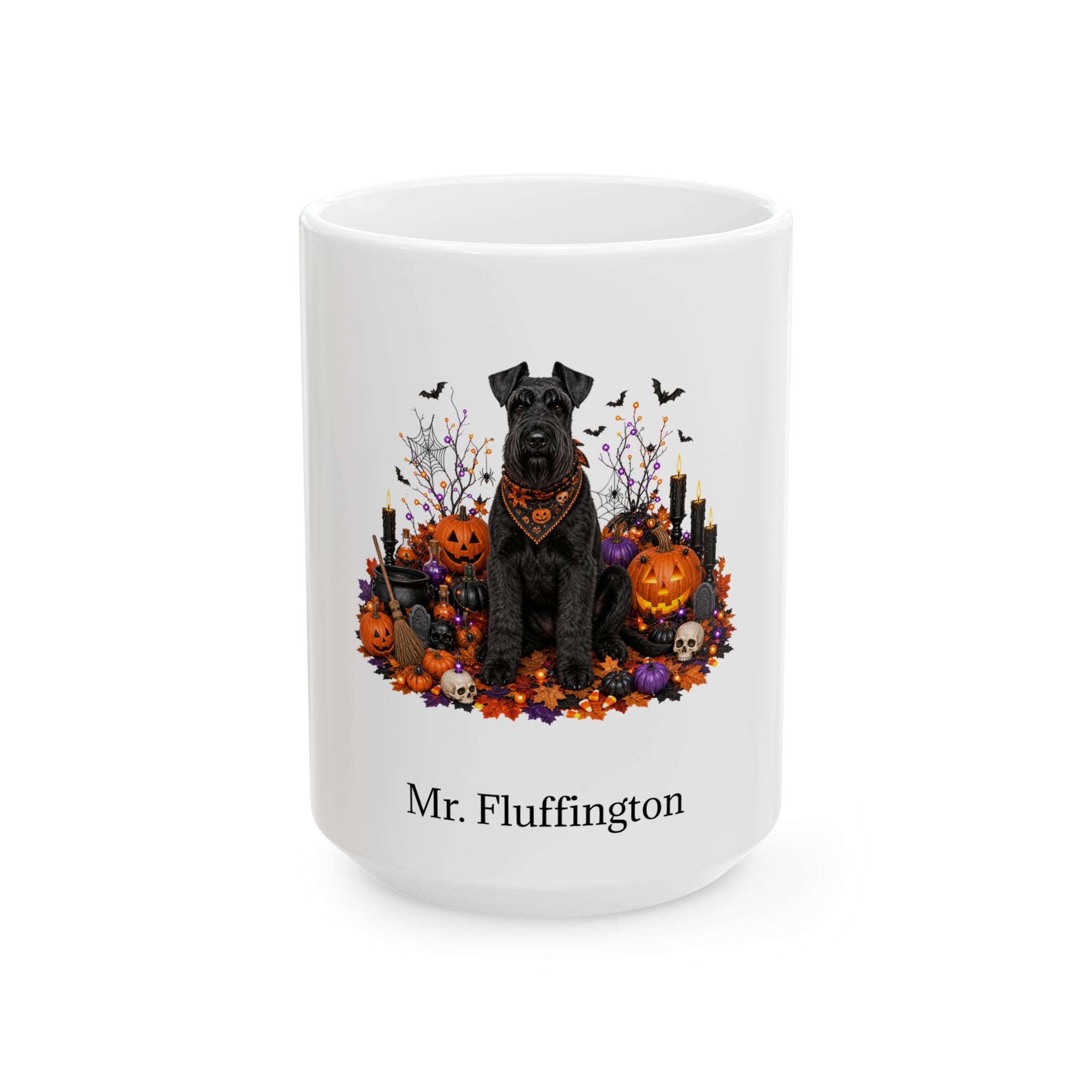 Personalized Giant Schnauzer dog Halloween mug, 15oz white ceramic, with custom pet name on front