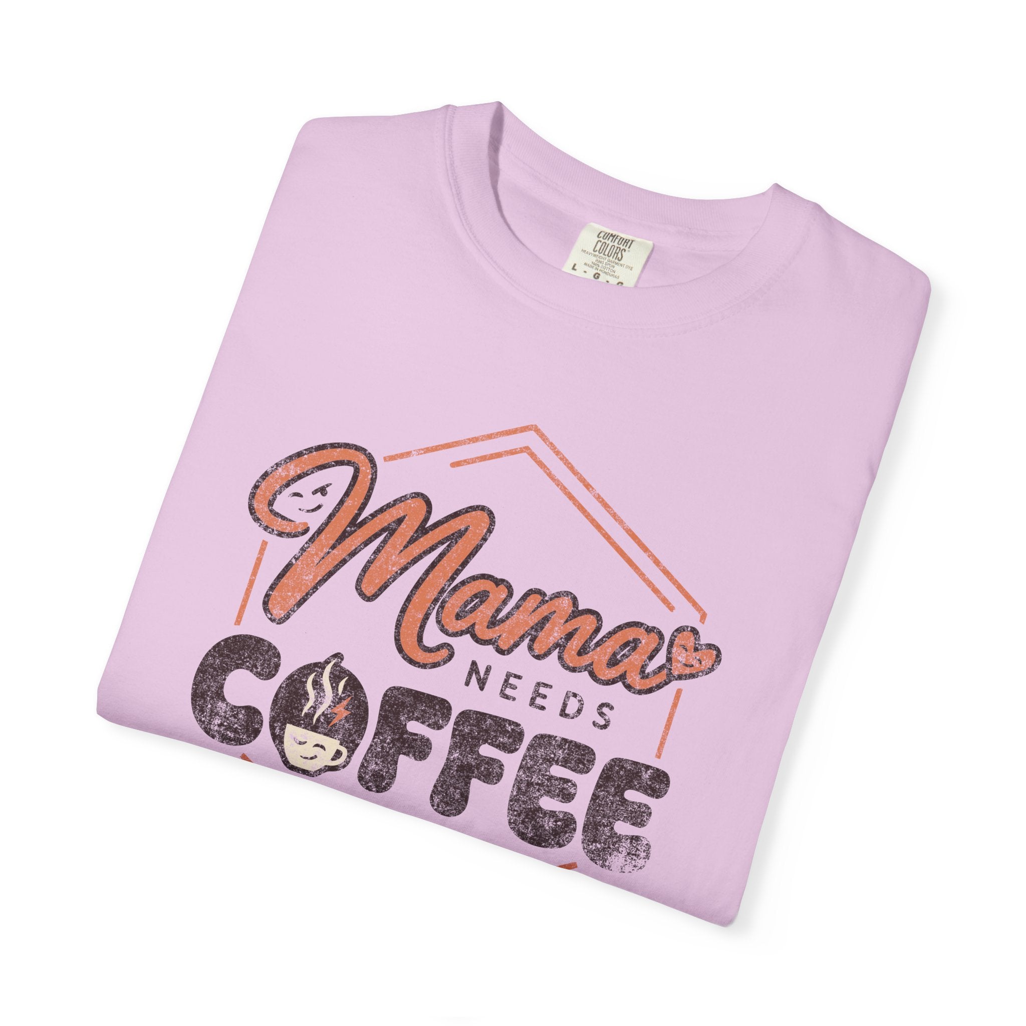 Light pink unisex t-shirt with a distressed Mama Needs Coffee graphic print.