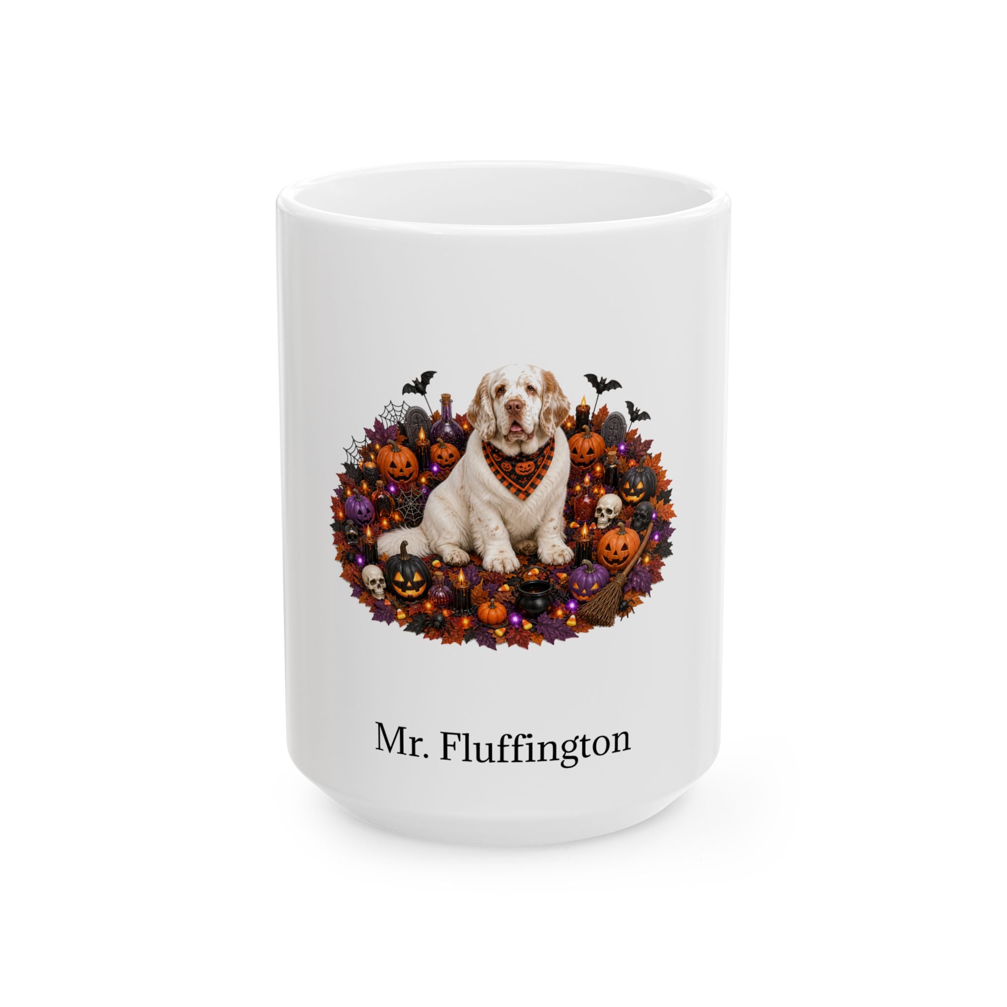 Personalized Clumber Spaniel dog Halloween mug, 11oz white ceramic, with custom pet name on front