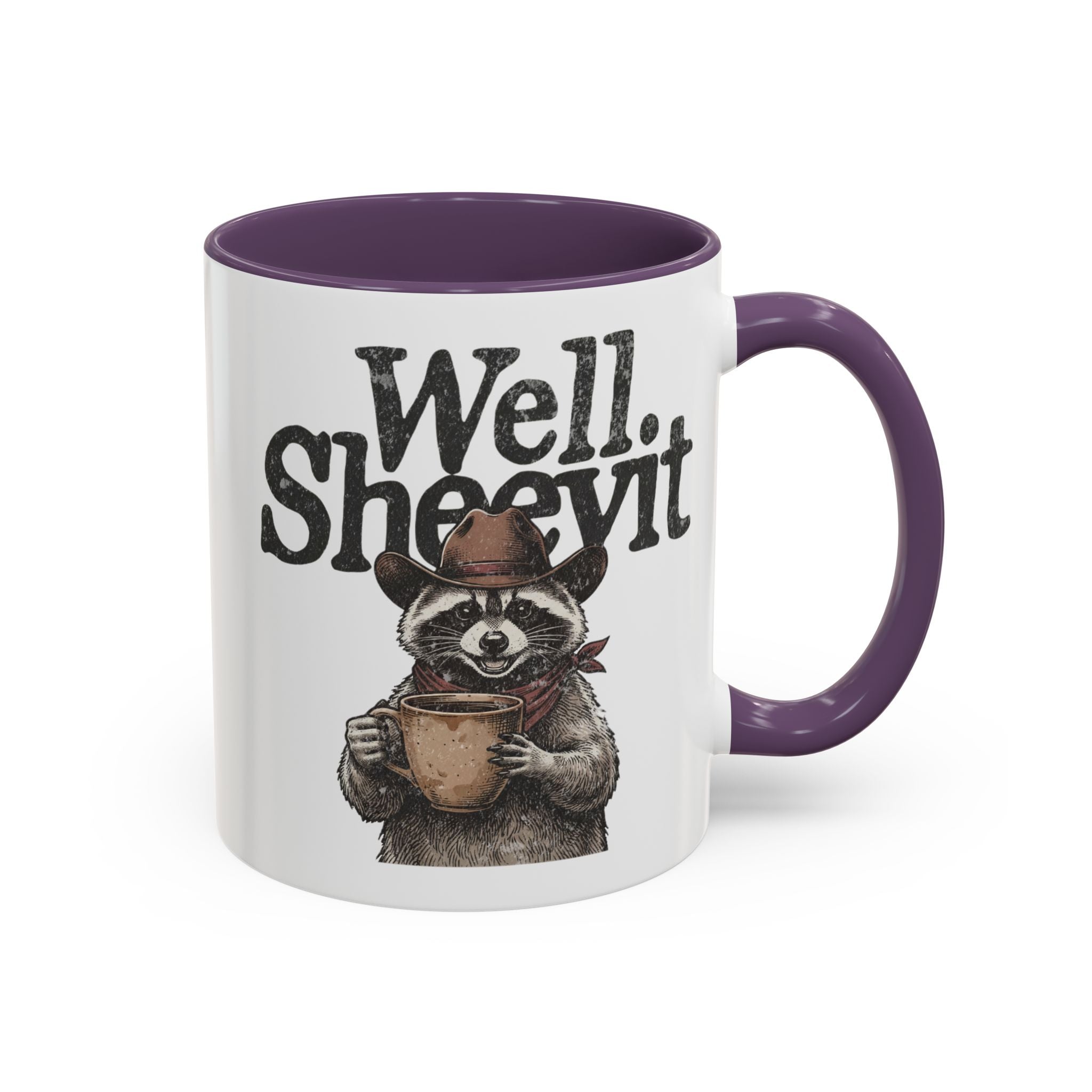 A white ceramic mug with a purple handle and rim, featuring a raccoon in a cowboy hat holding a mug.
