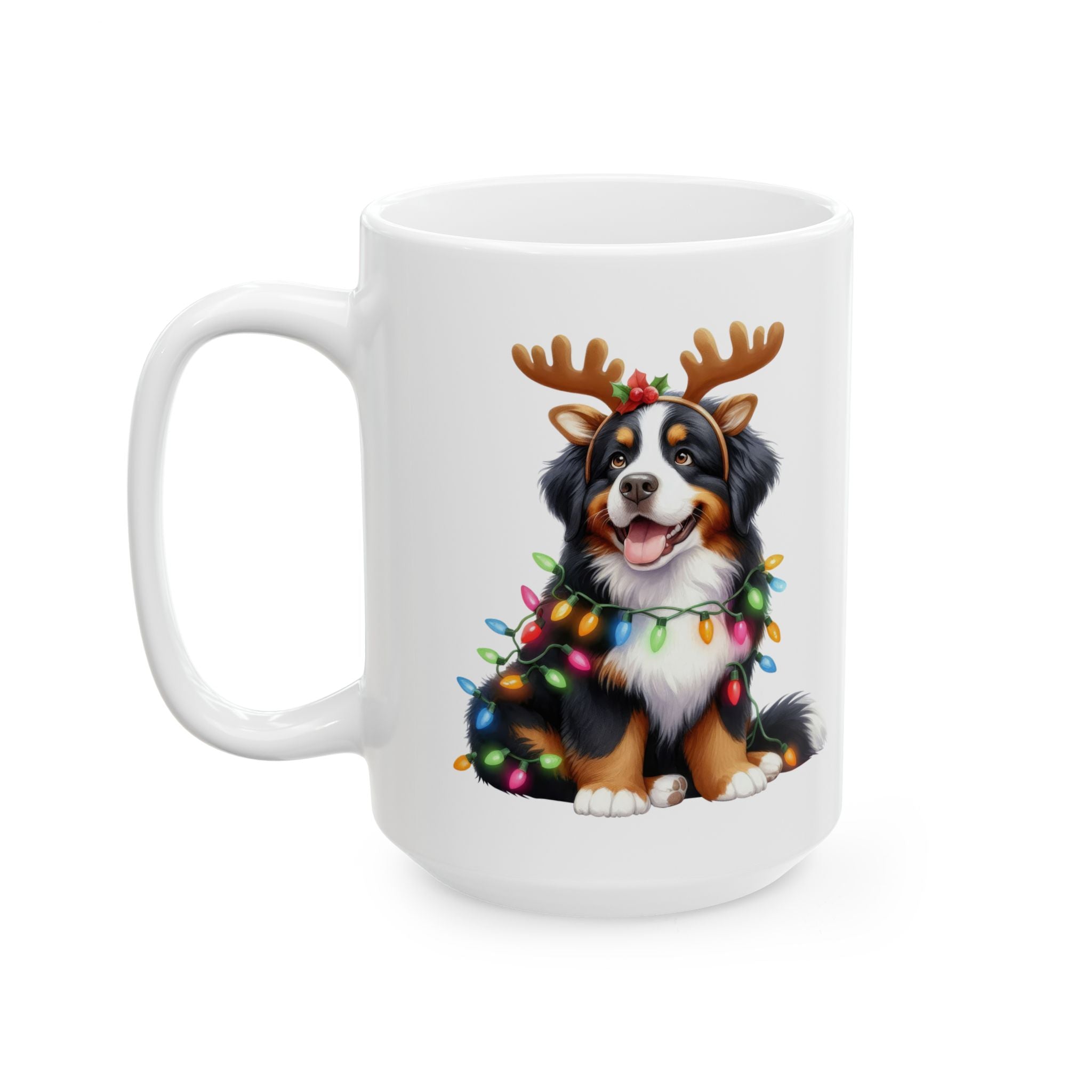 White ceramic mug with a Bernese Mountain Dog wearing reindeer antlers and Christmas lights.