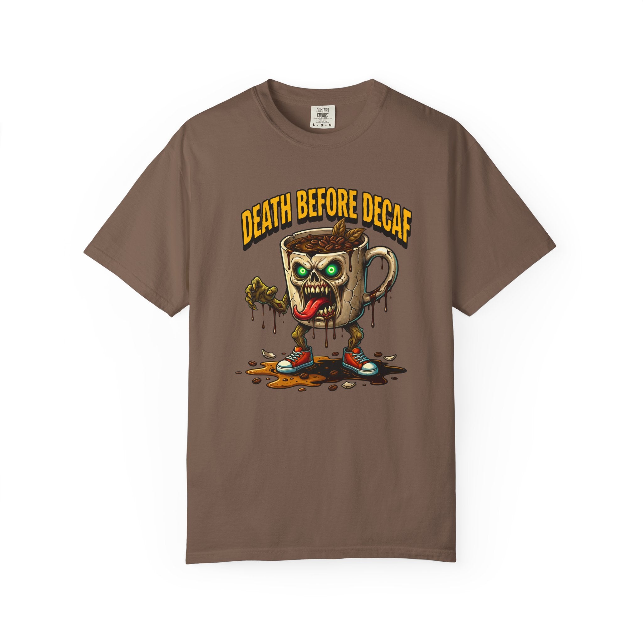 Brown unisex cotton t-shirt with a graphic of a zombie coffee mug character.