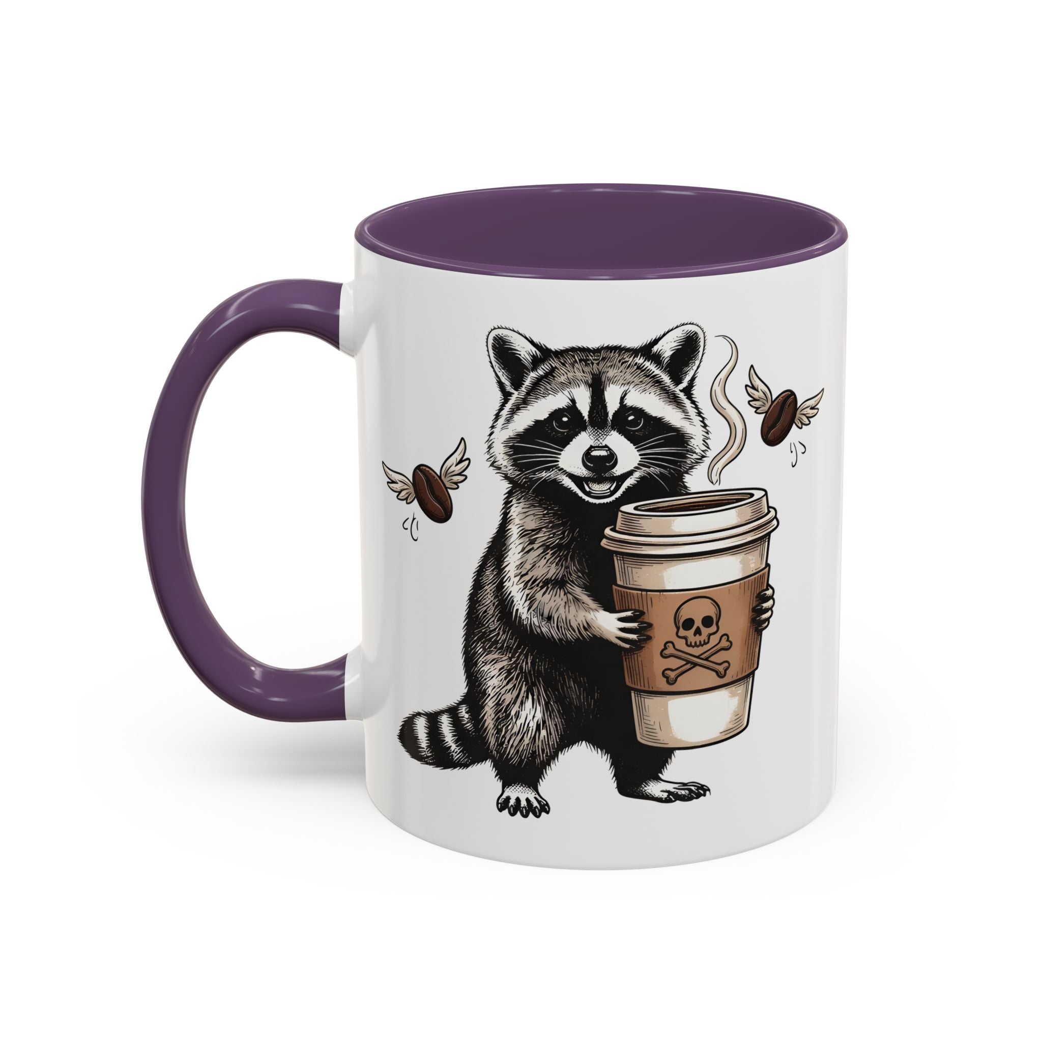 White ceramic mug with a purple handle and interior, featuring a raccoon holding a coffee cup.