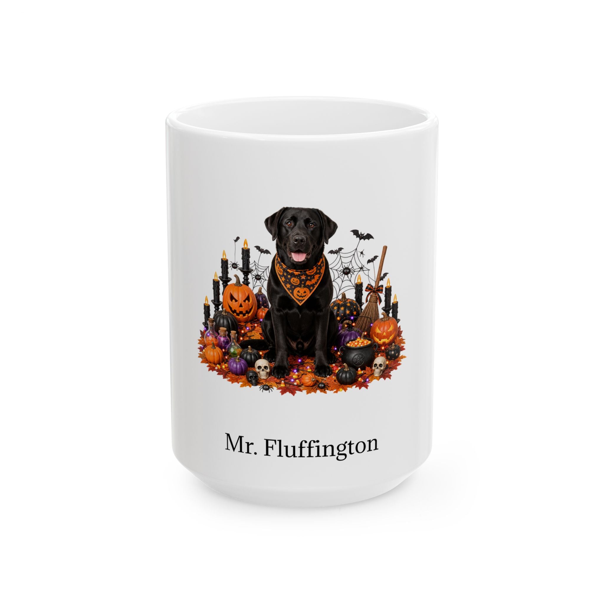 Personalized Labrador Retriever dog Halloween mug, 15oz white ceramic, with custom pet name on front