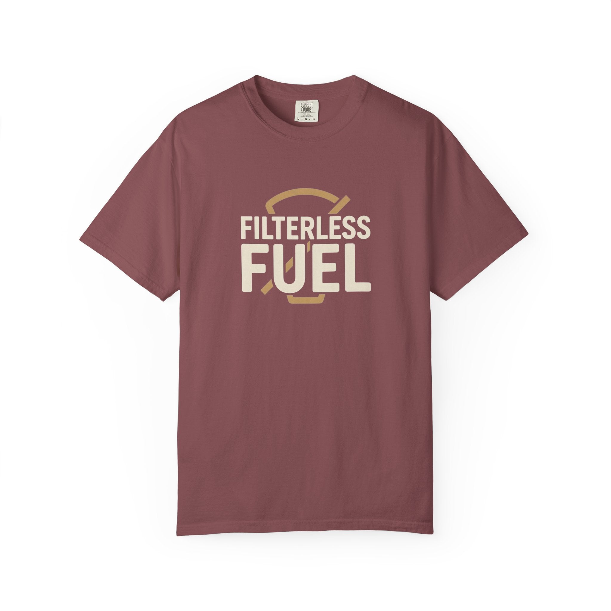 A maroon unisex cotton t-shirt featuring the text Filterless Fuel in a retro graphic design.