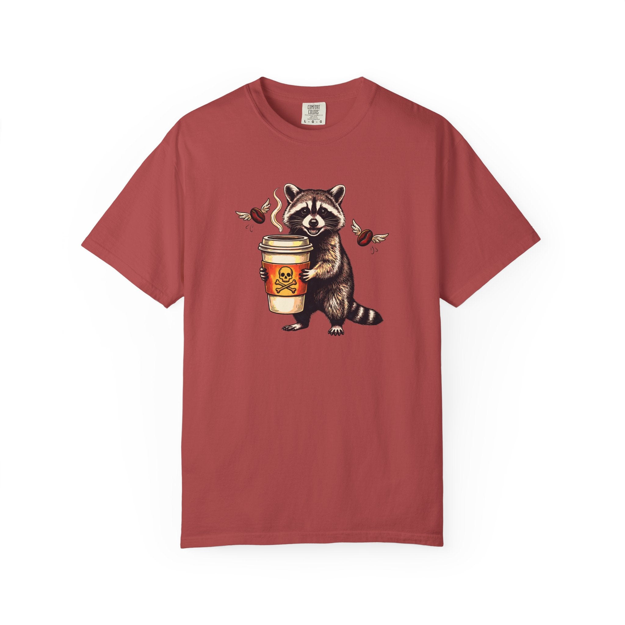Red Comfort Colors 1717 unisex t-shirt featuring a raccoon holding a coffee cup with a skull logo.