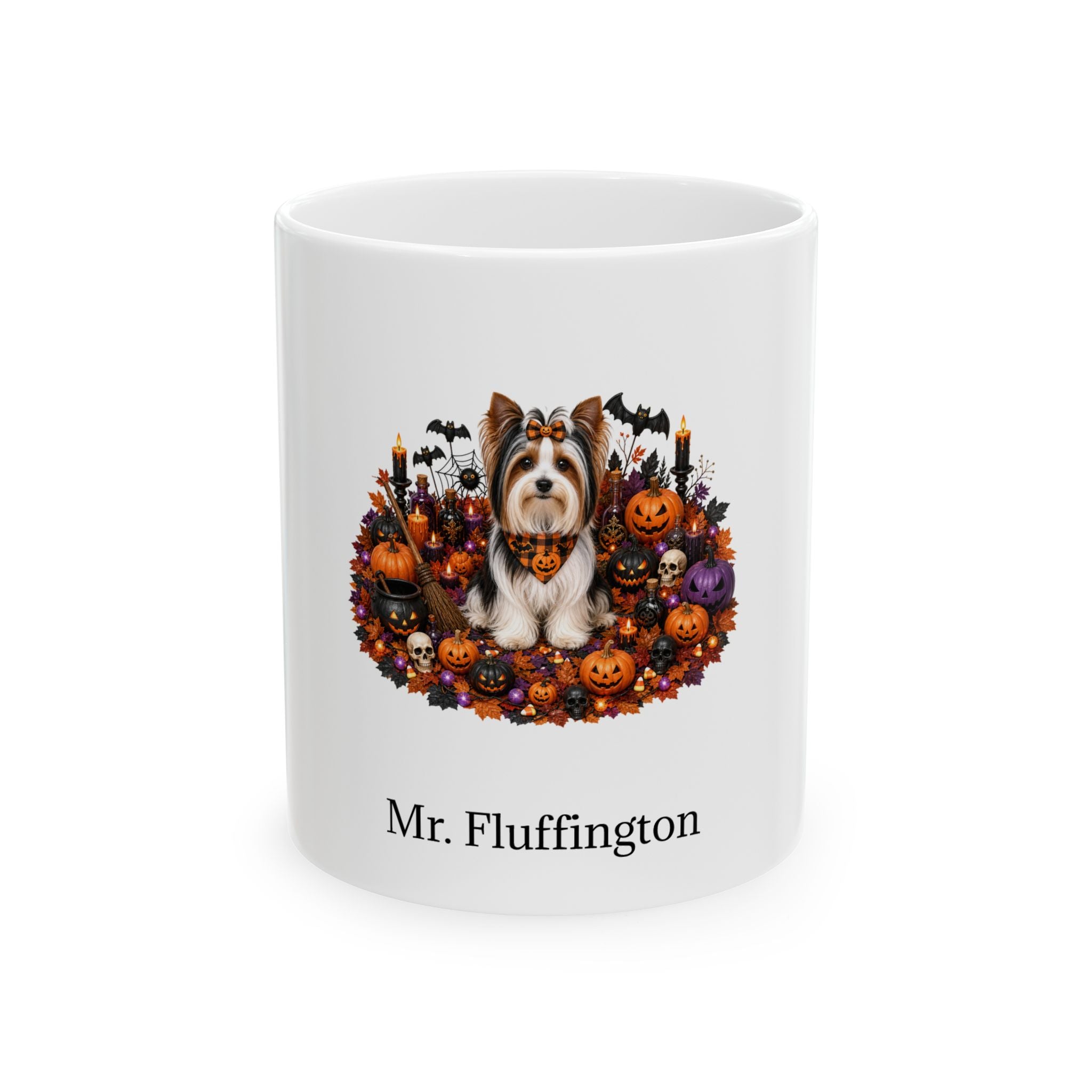 Personalized Biewer Terrier dog Halloween mug, 15oz white ceramic, with custom pet name on front