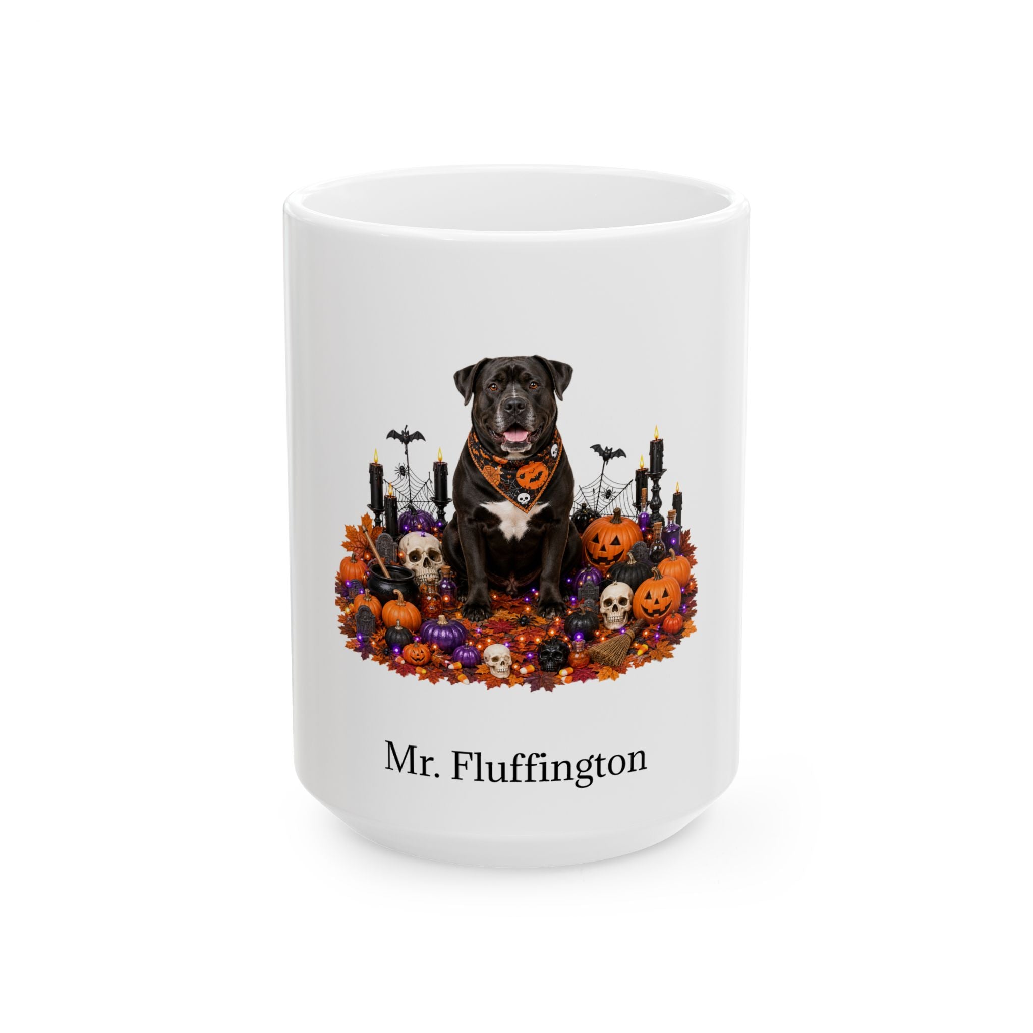 Personalized Labrador Bulldog Halloween mug, 15oz white ceramic, with custom pet name on front