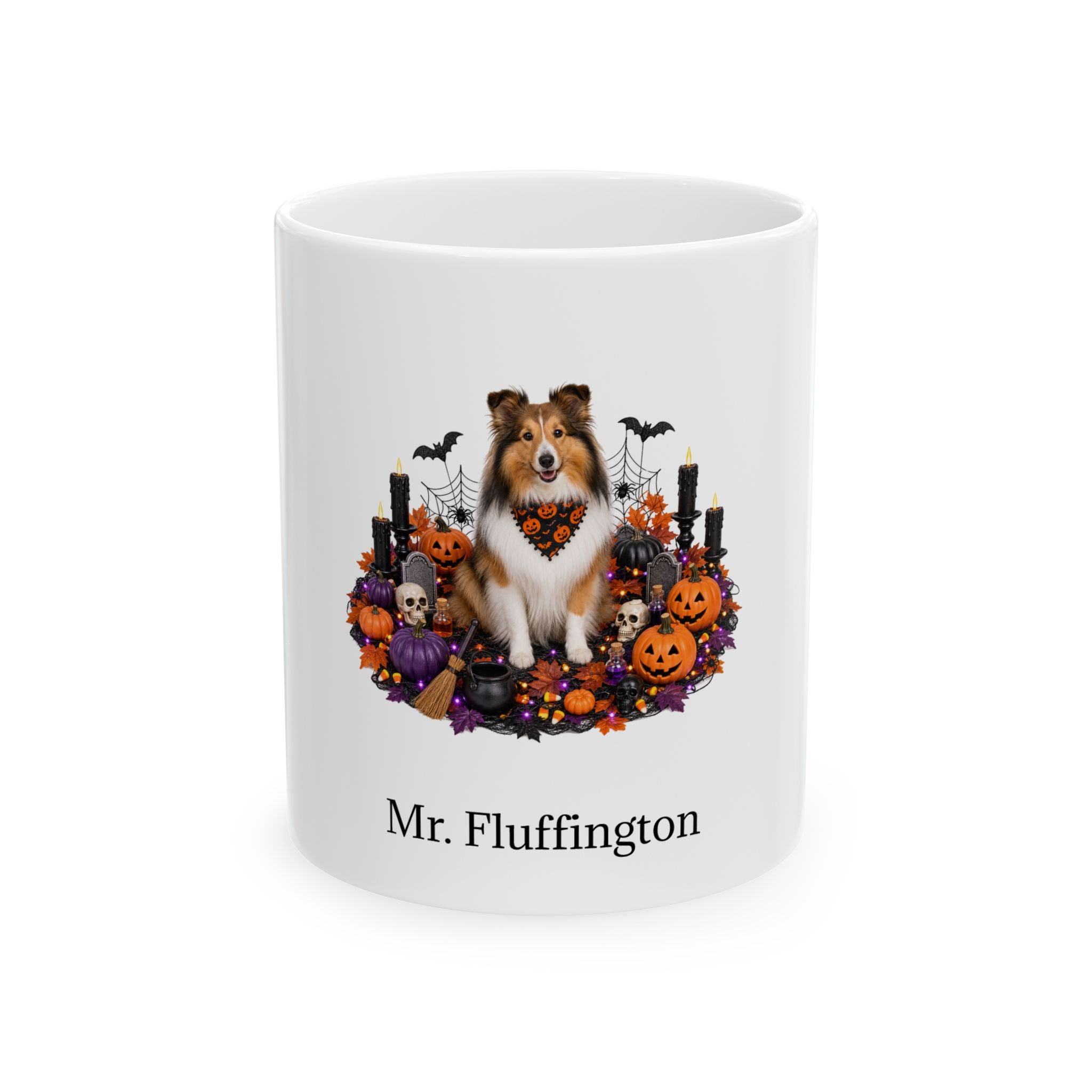 Personalized Shetland Sheepdog Halloween mug, 11oz white ceramic, with custom pet name on front
