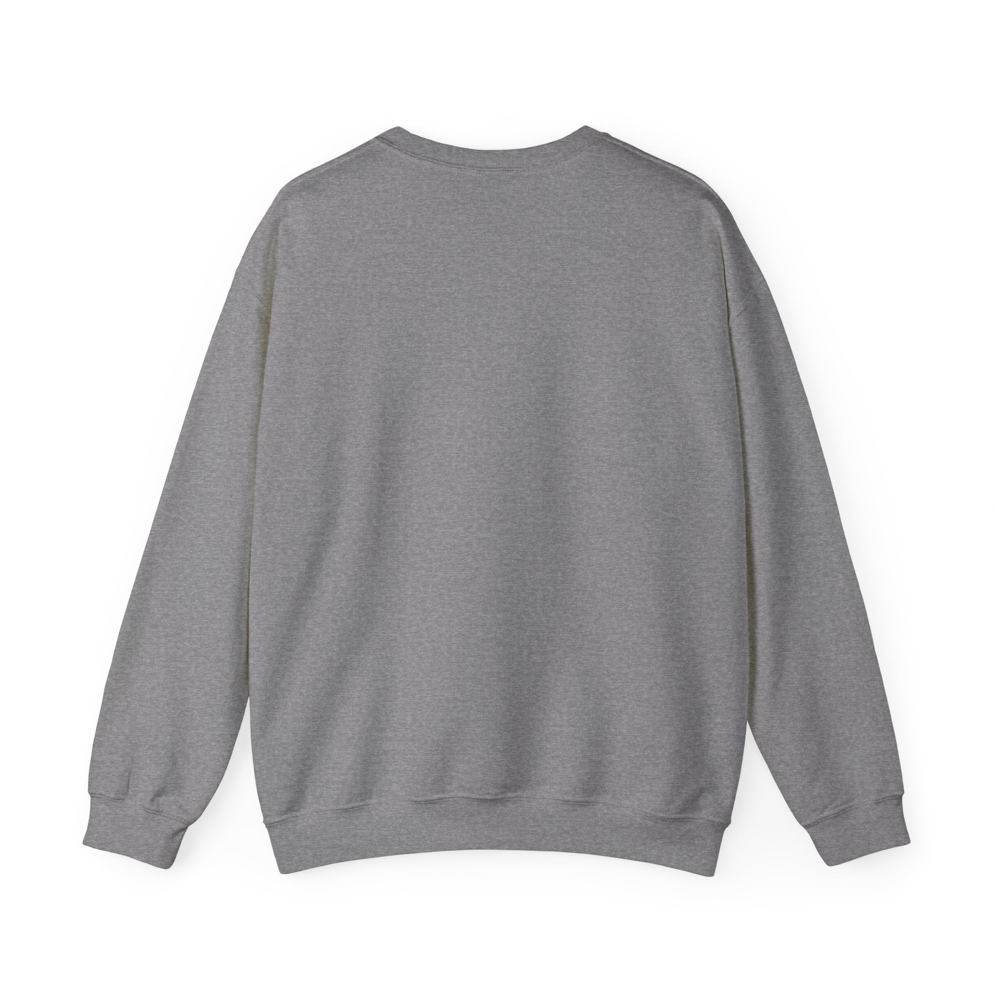 The back view of a plain heather gray crewneck sweatshirt made from a cotton blend.