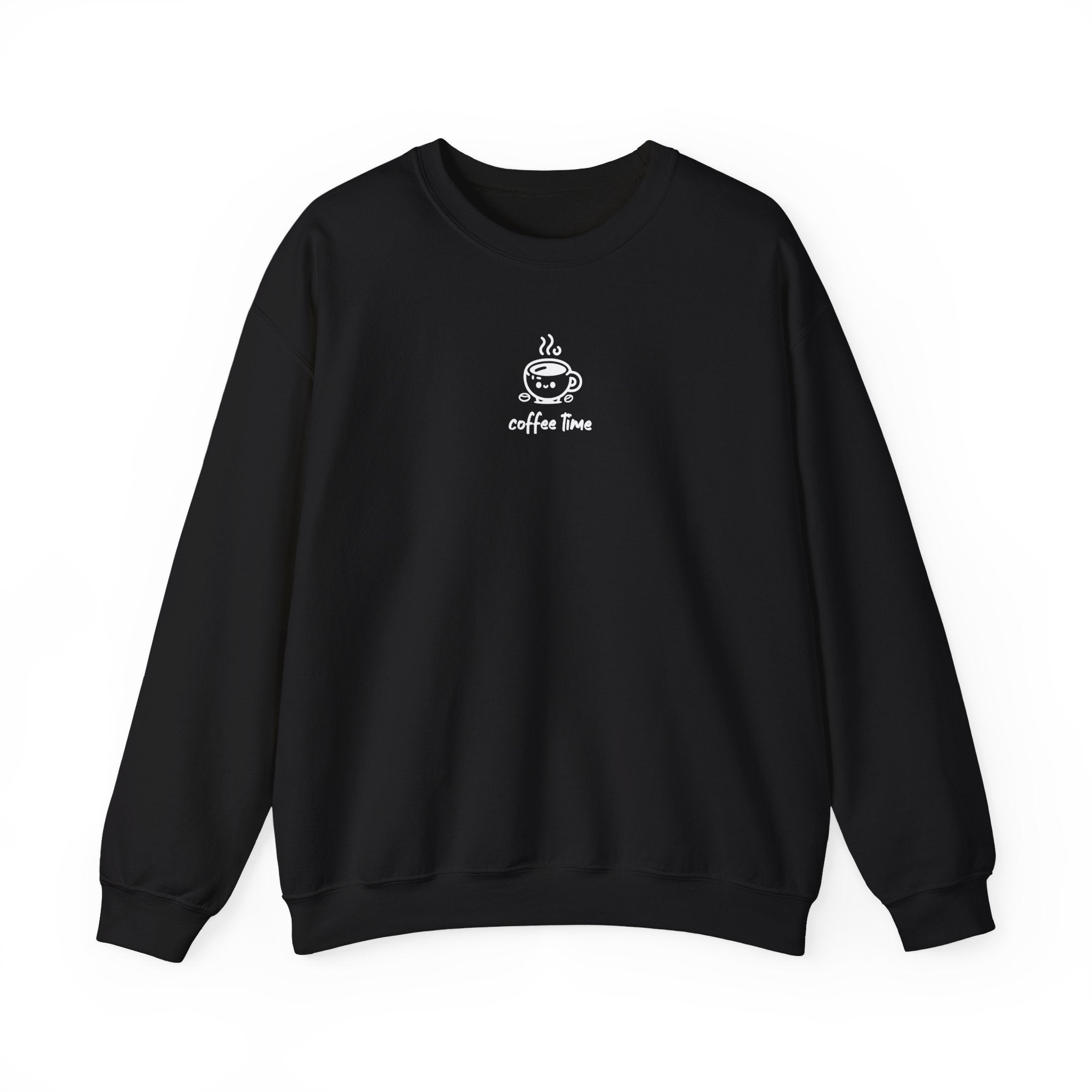 A black crewneck sweatshirt featuring a small white graphic of a smiling coffee cup and text.