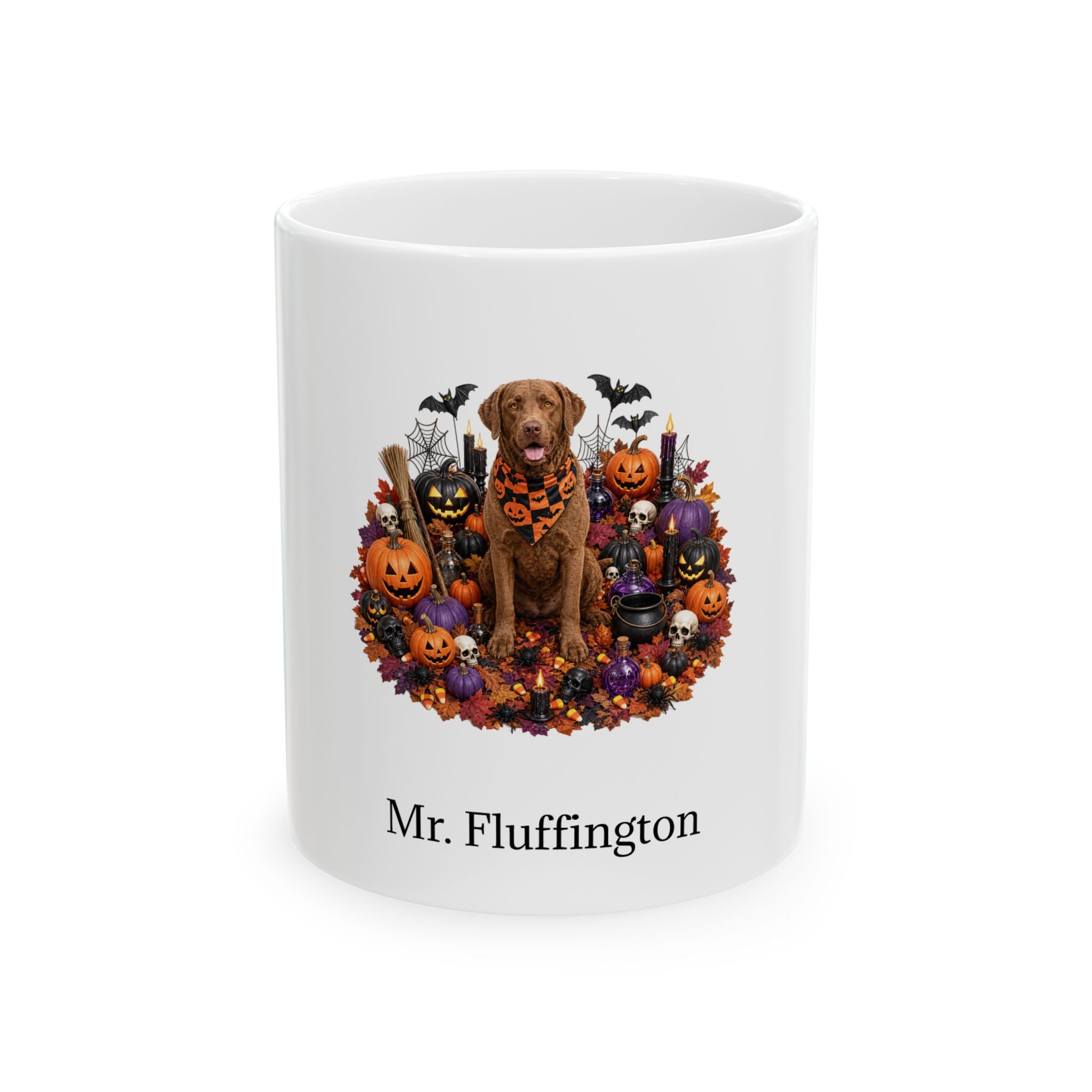 Personalized Chesapeake Bay Retriever dog Halloween mug, 15oz white ceramic, with custom pet name on front
