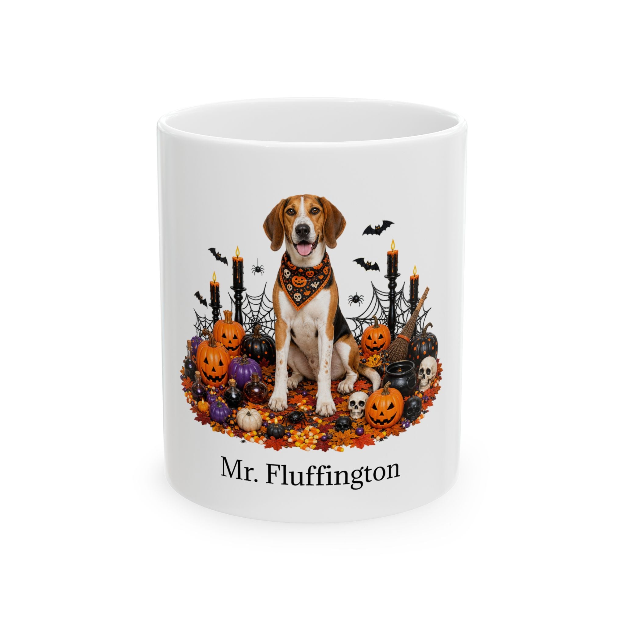 Personalized Harrier Halloween mug with custom dog name, front product view