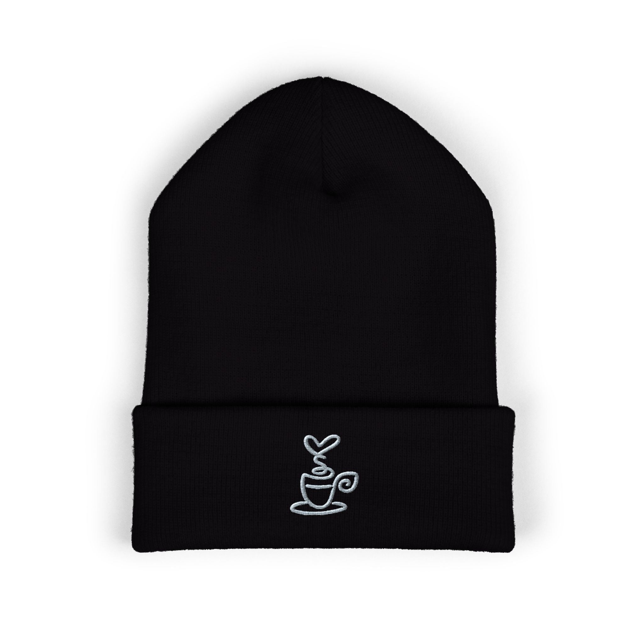 Black cuffed beanie with embroidered minimalist coffee cup design.