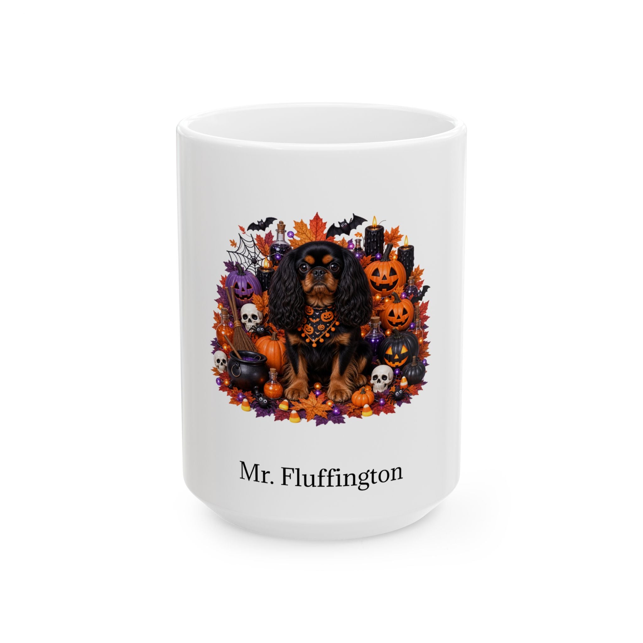 Personalized English Toy Spaniel dog Halloween mug, 11oz white ceramic, with custom pet name on front