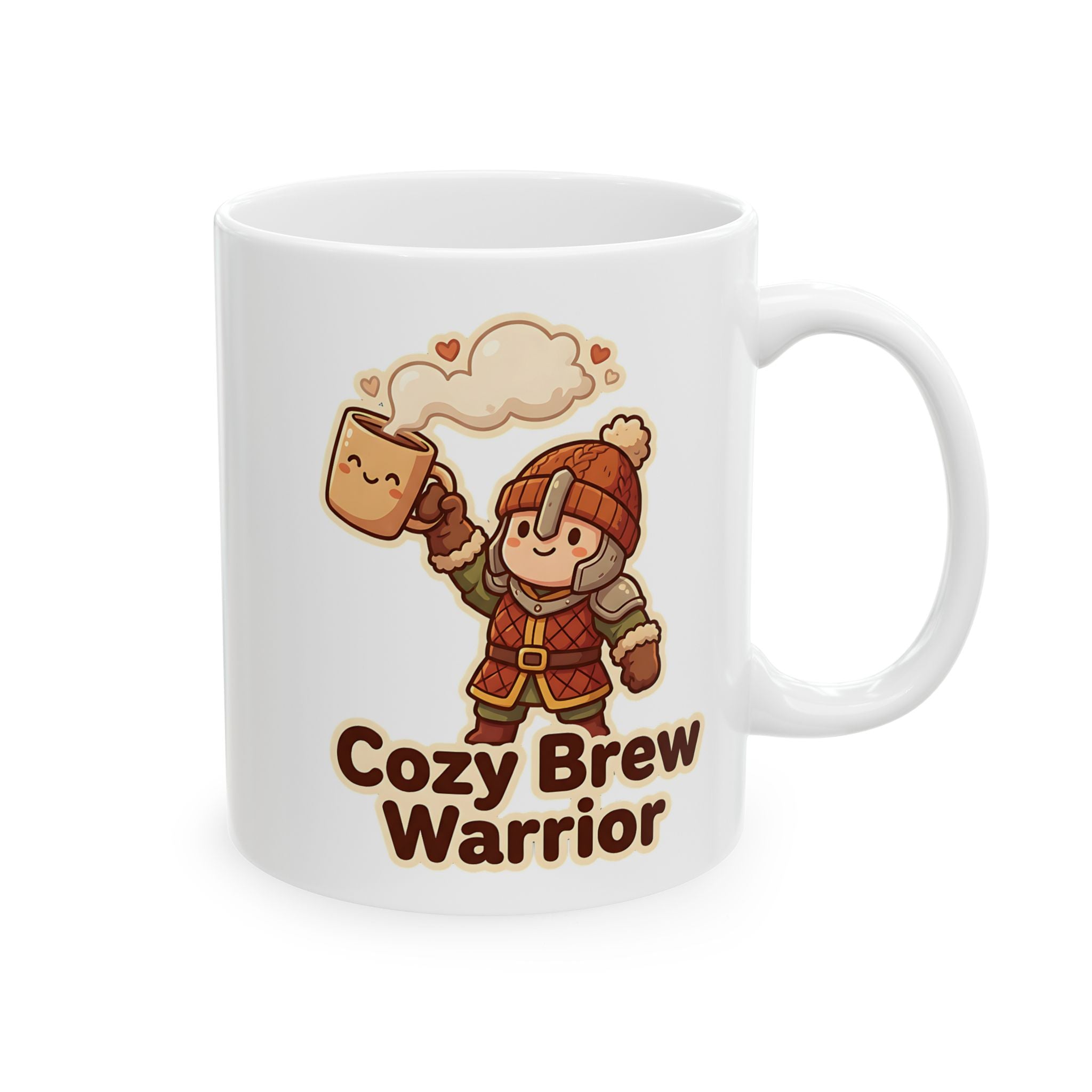 A white ceramic mug featuring a cartoon warrior holding a steaming coffee cup with hearts.