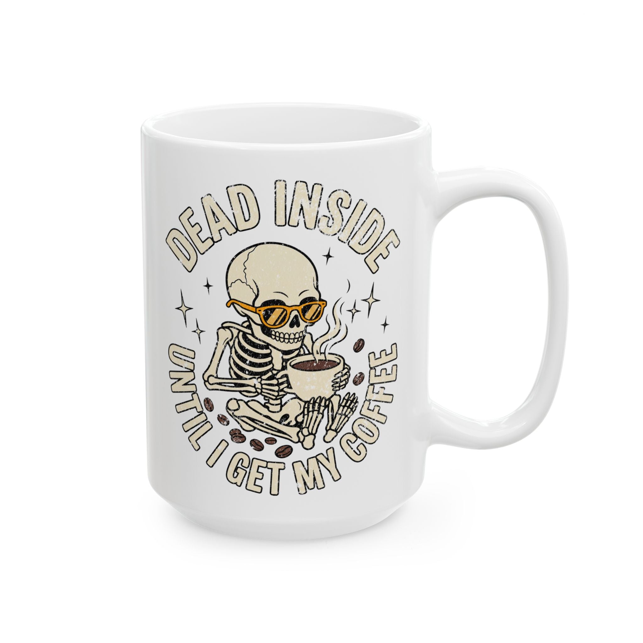 White ceramic mug featuring a skeleton wearing sunglasses and holding a cup of coffee.