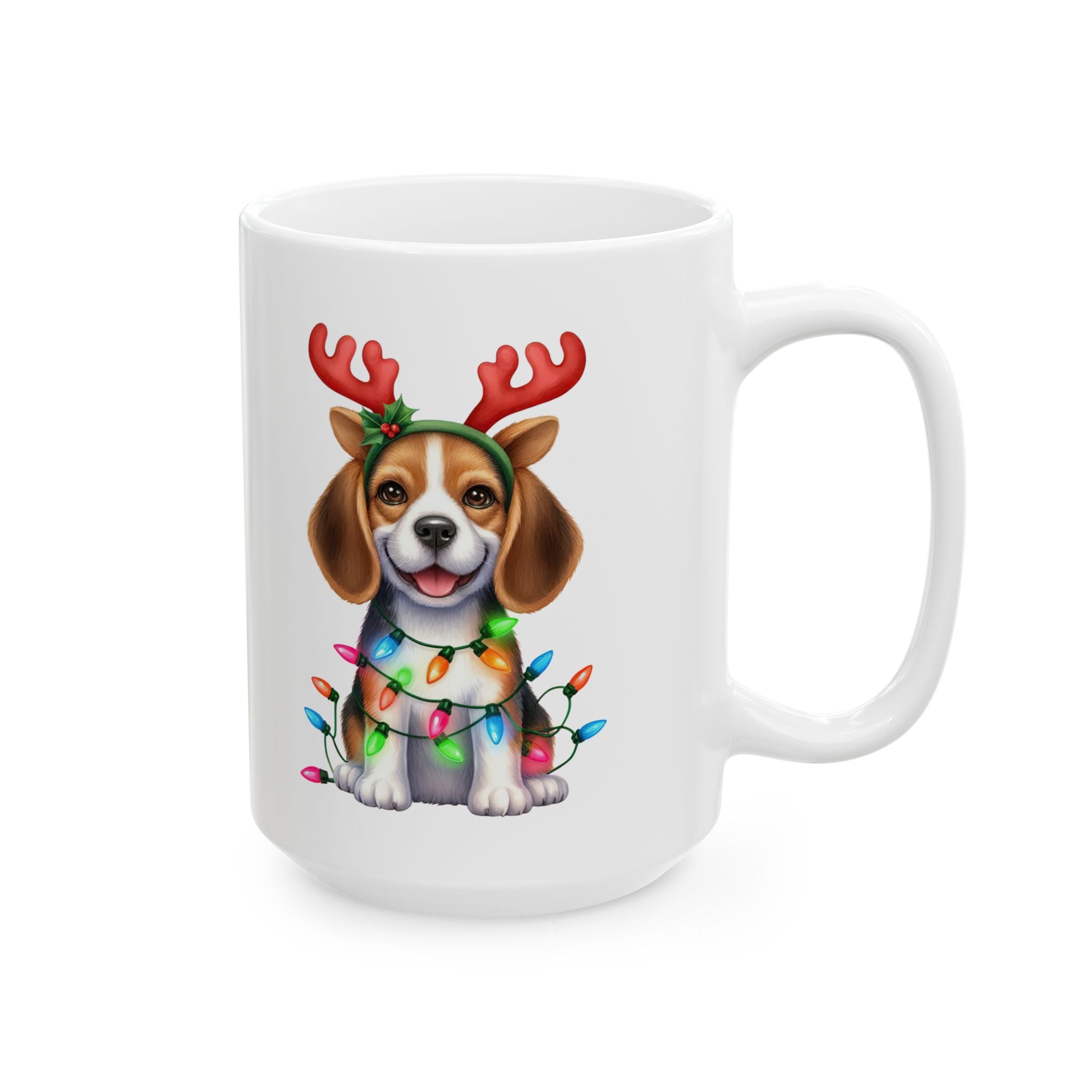 White ceramic mug with a beagle wearing reindeer antlers and tangled in Christmas lights.