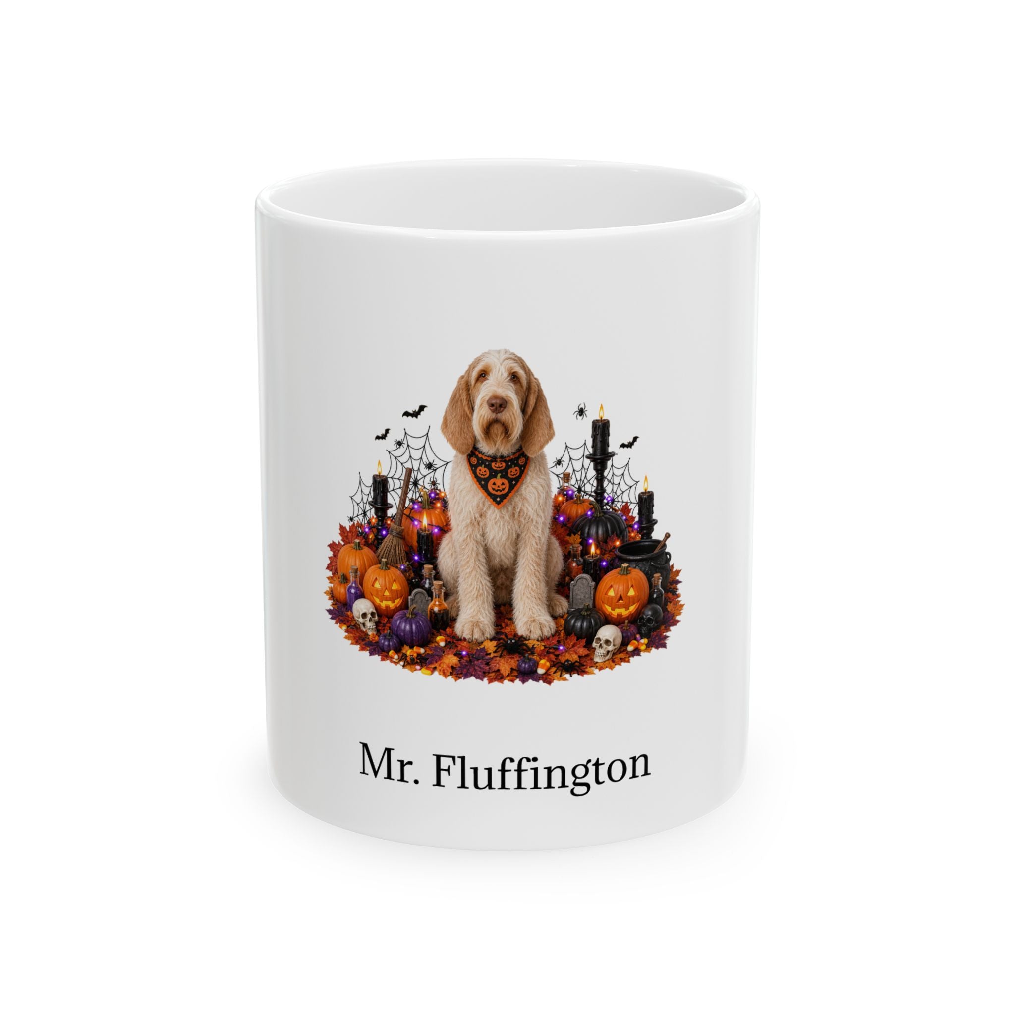 Personalized Spinone Italiano dog Halloween mug, 11oz white ceramic, with custom pet name on front