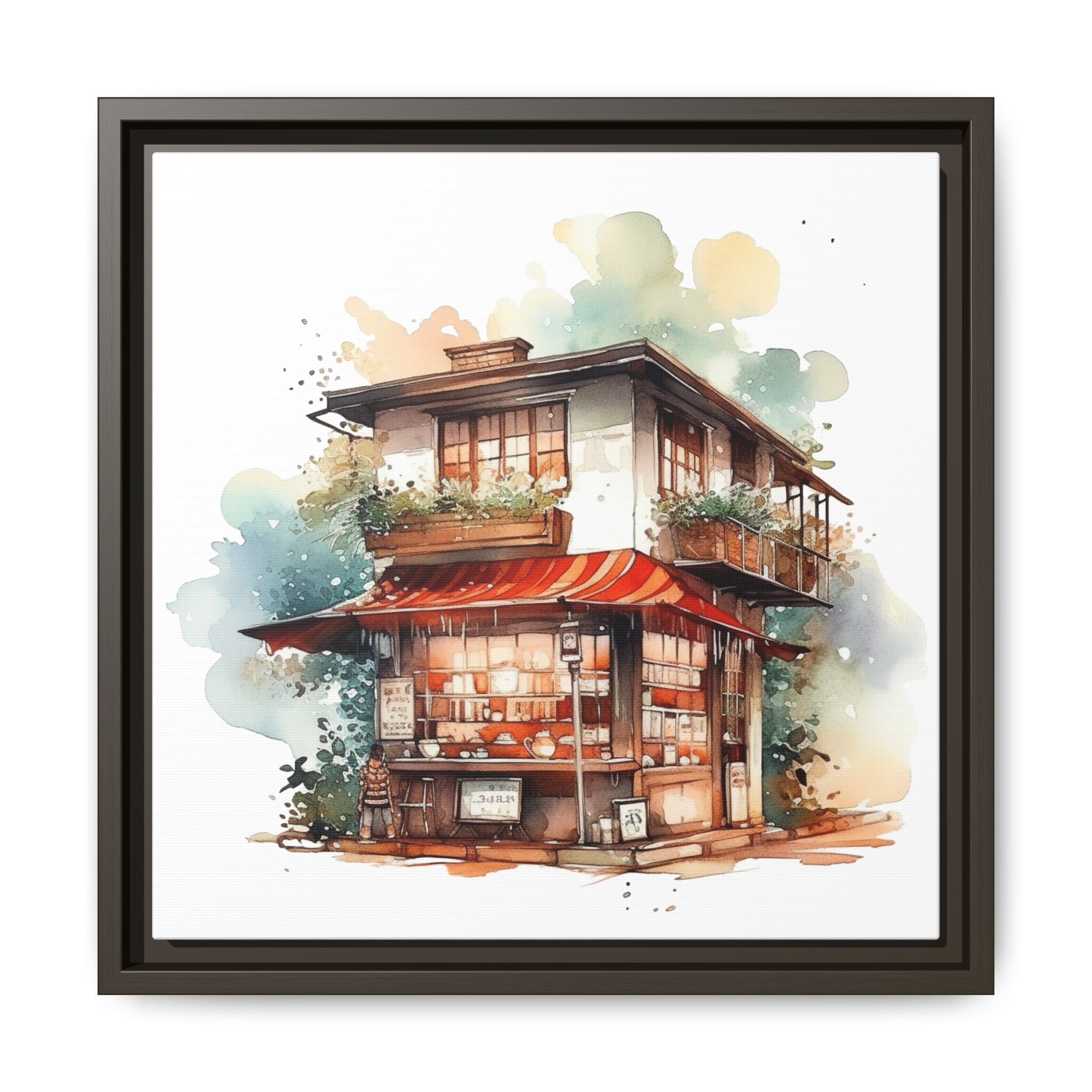 Watercolor Corner Shop Framed Matte Canvas Wall Art - 14x14