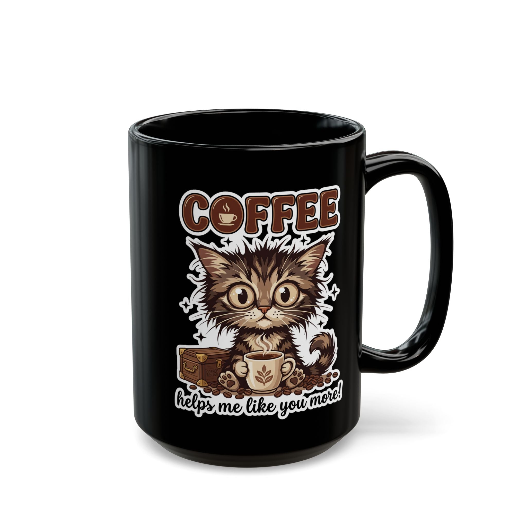 Black ceramic mug featuring a cute kitten illustration holding a coffee cup with text.