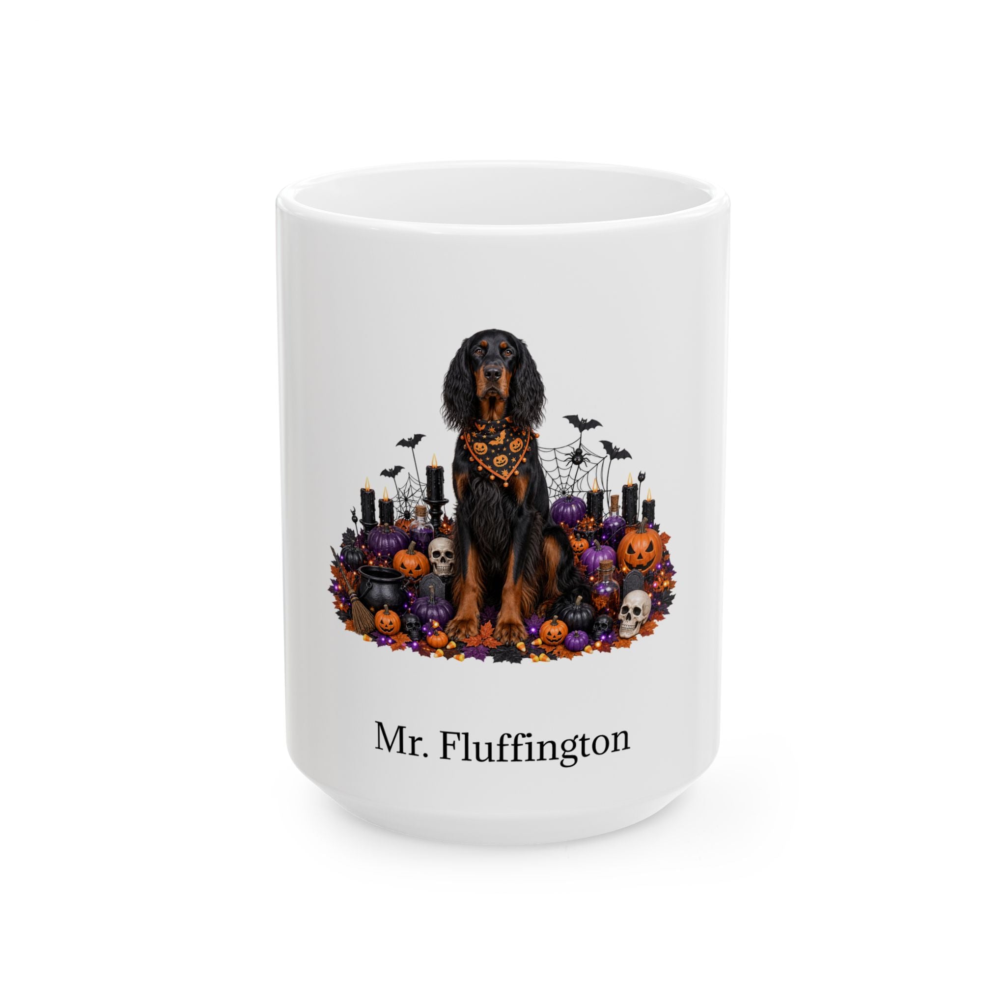 Personalized Gordon Setter dog Halloween mug, 15oz white ceramic, with custom pet name on front