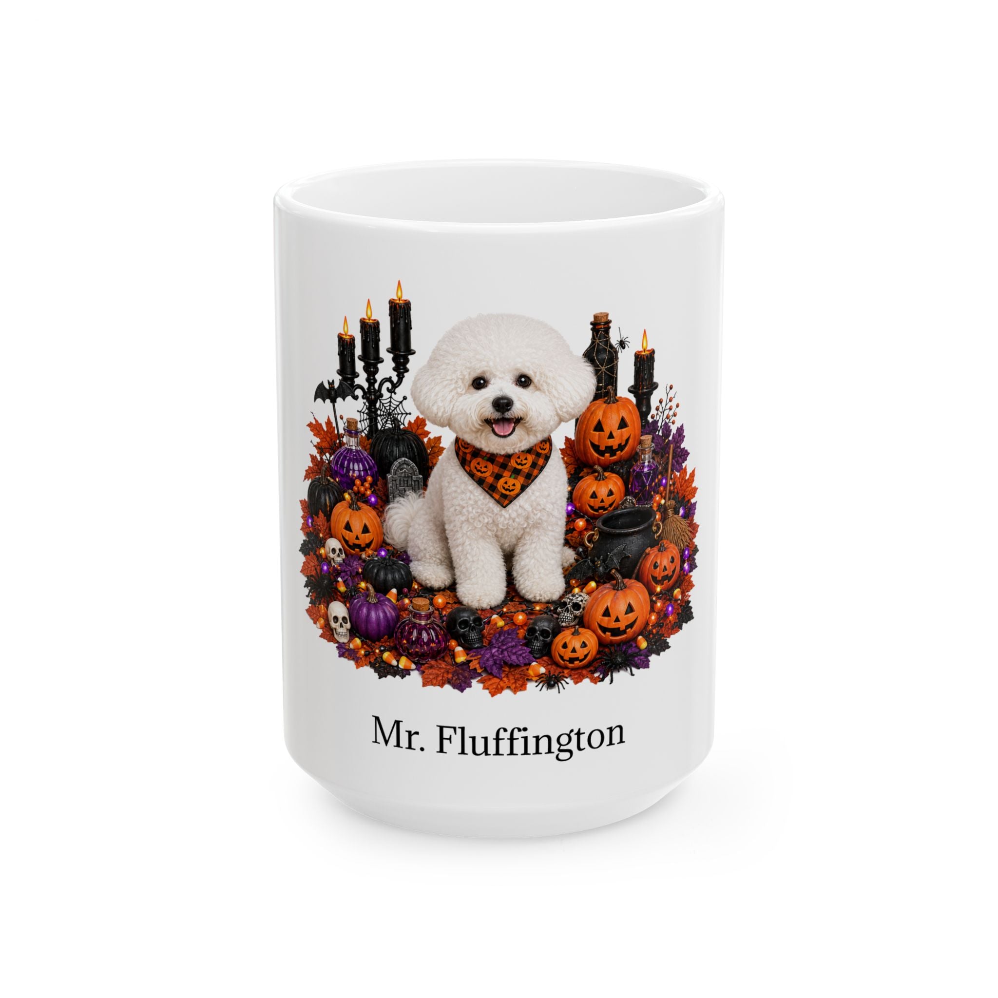 Personalized Bichon Frise dog ceramic coffee mug with Halloween artwork and custom name — image 2
