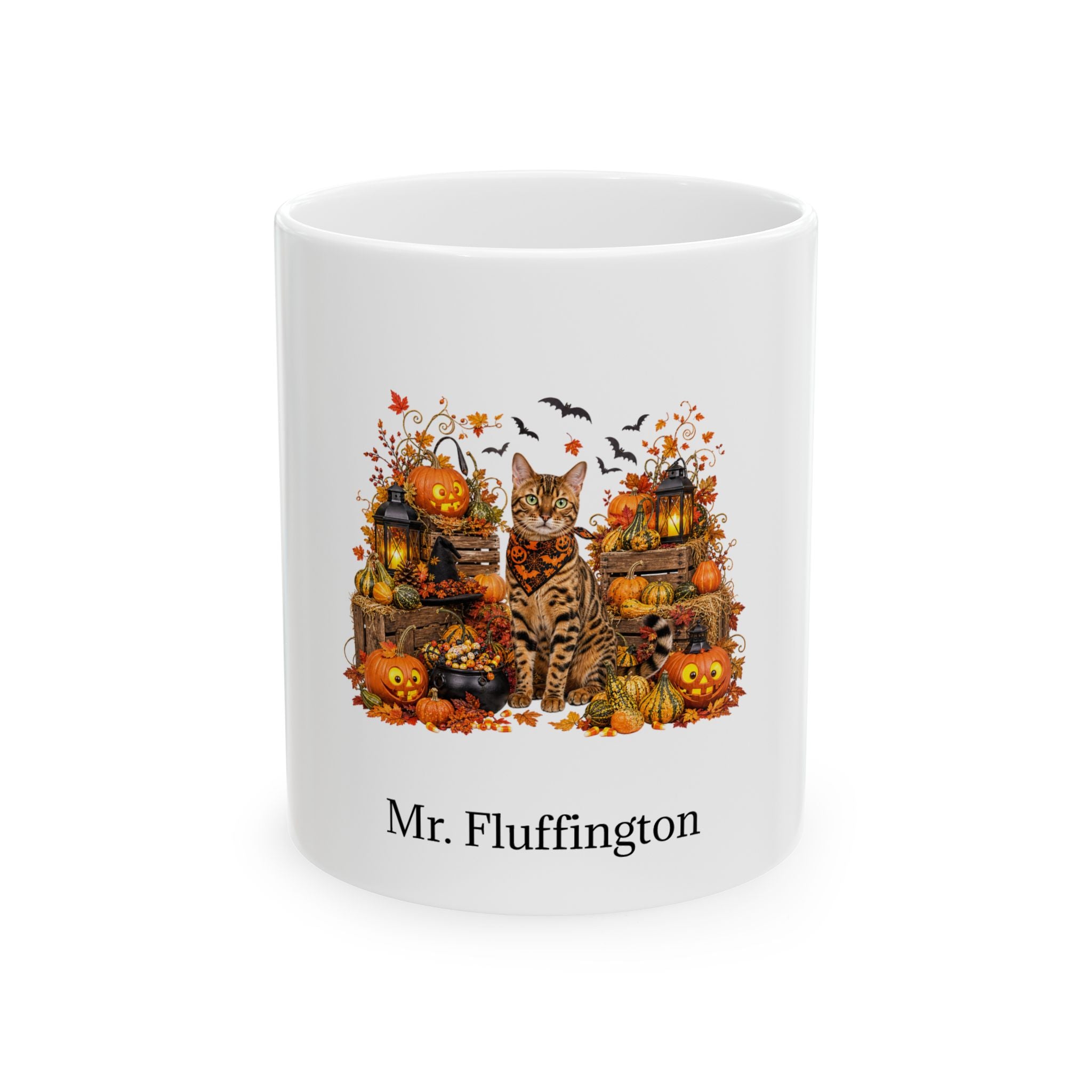 Personalized Bengal cat Halloween mug, 11oz white ceramic, with custom pet name on front