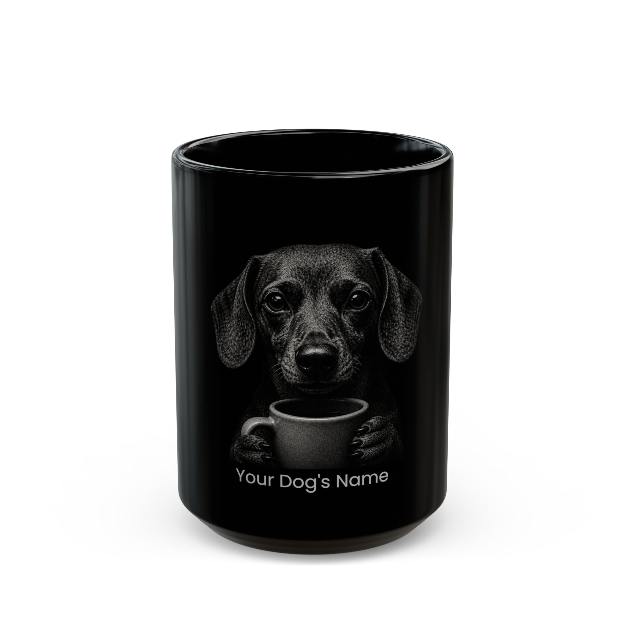Personalized Dachshund black ceramic coffee mug with custom dog name