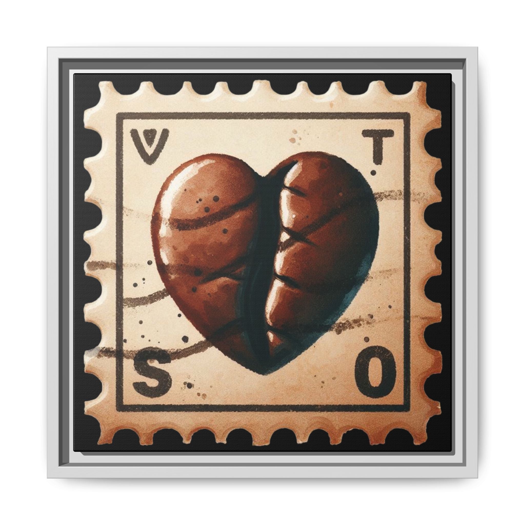 Vintage Coffee Bean Heart Stamp Framed Matte Canvas Wall Art - 14x14