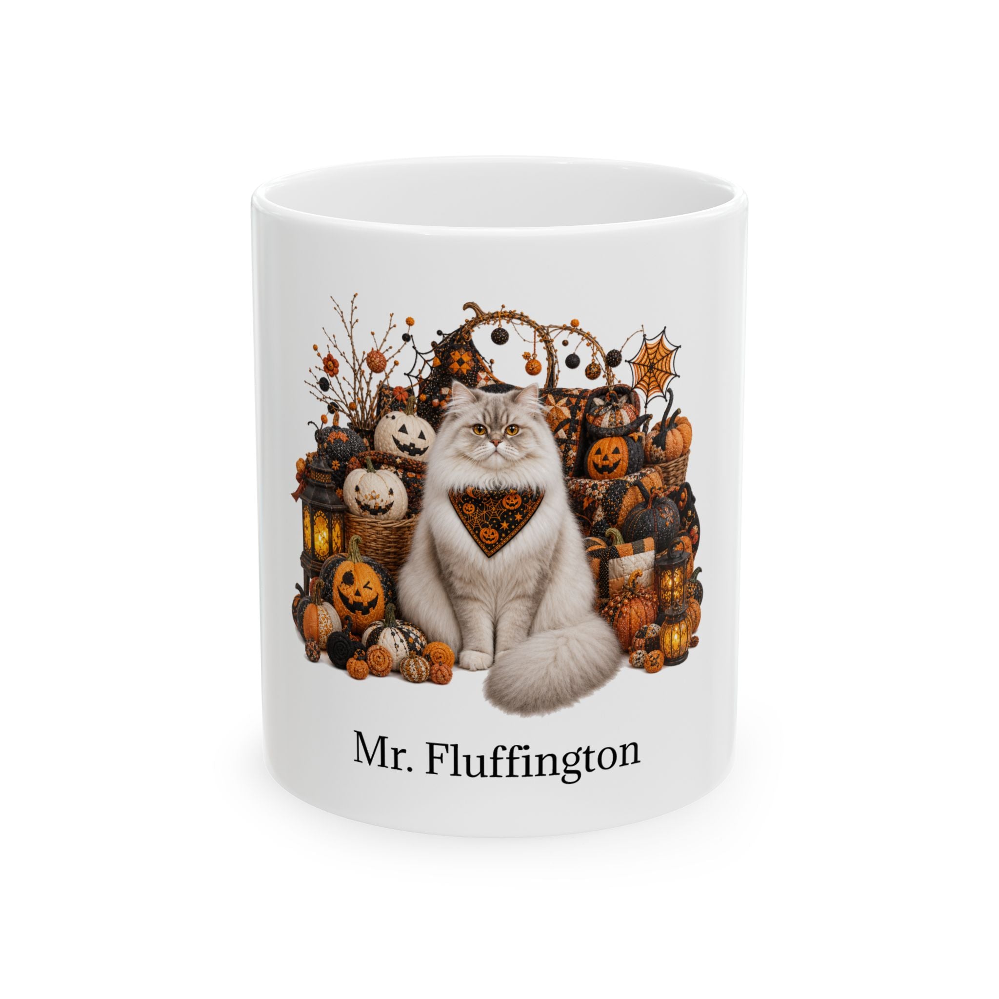 Personalized Ragamuffin cat ceramic coffee mug with Halloween artwork and custom name — image 2