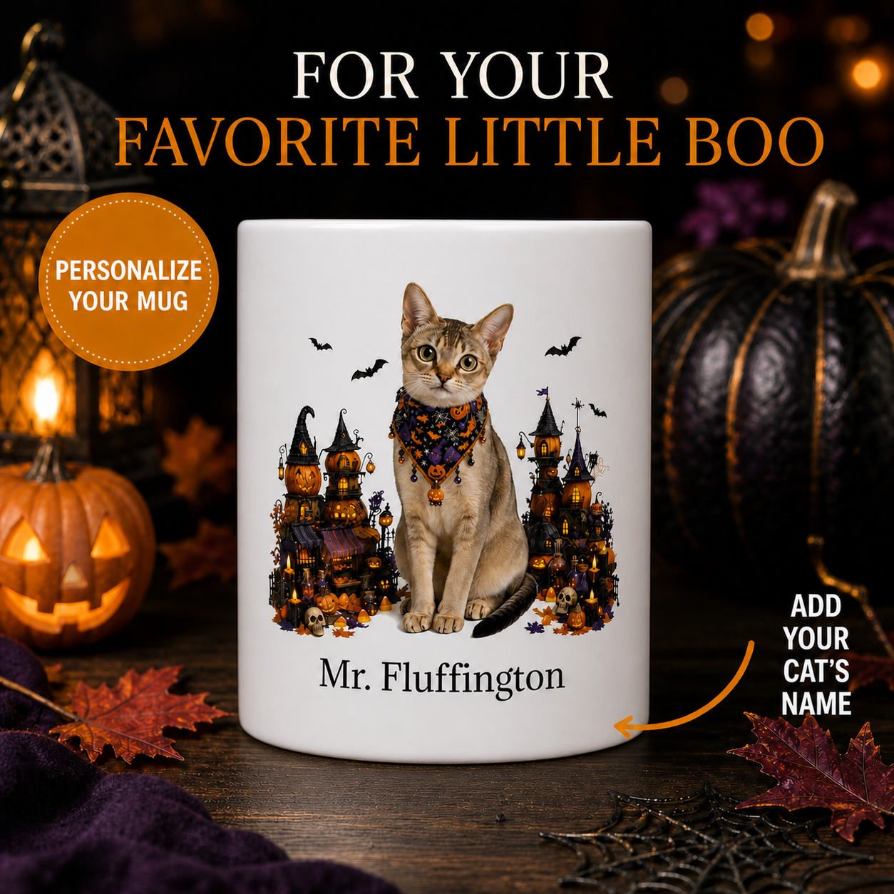 Personalized Singapura Cat Halloween Mug – Custom Pet Name Gift – front view with no handle