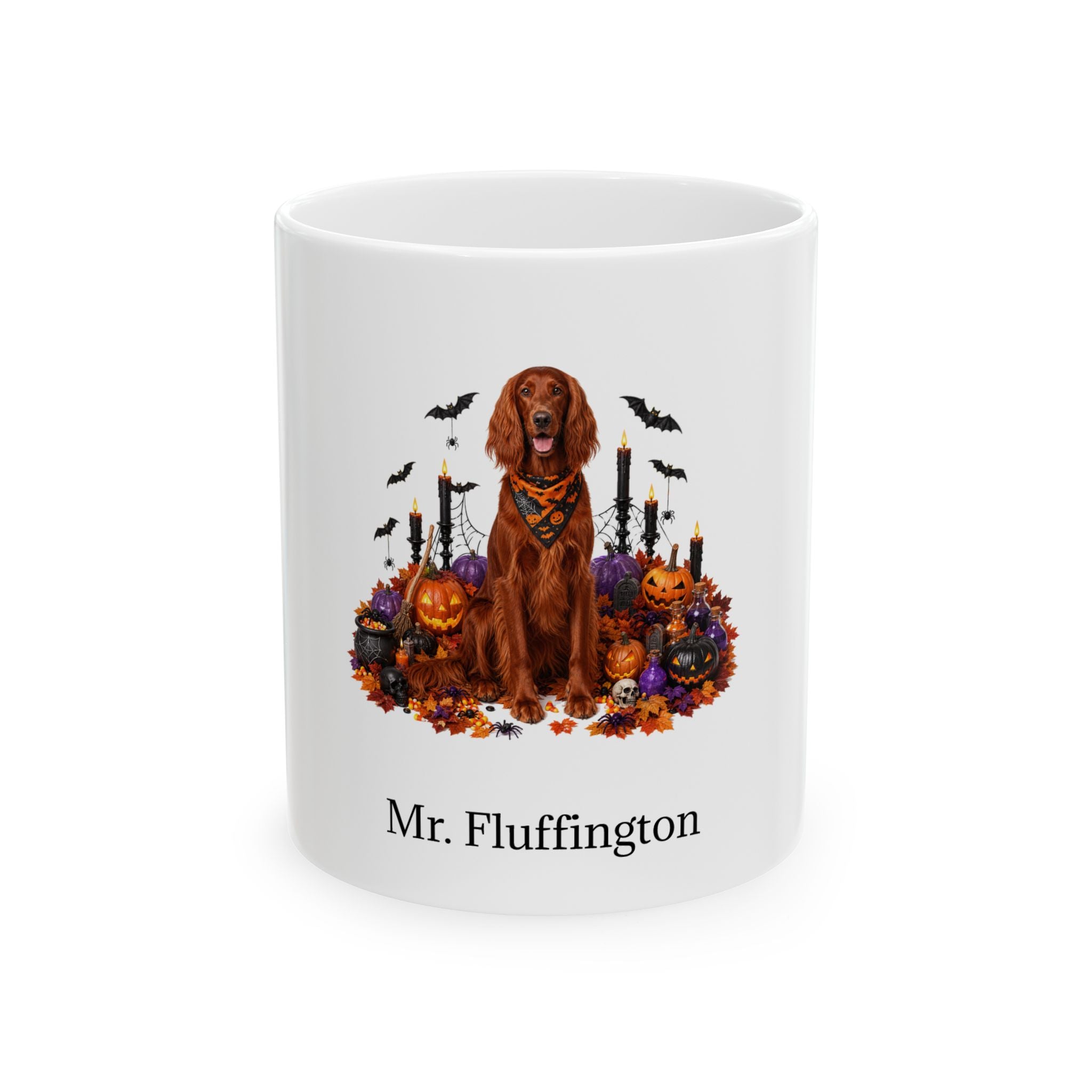 Personalized Irish Setter dog Halloween mug, 11oz white ceramic, with custom pet name on front